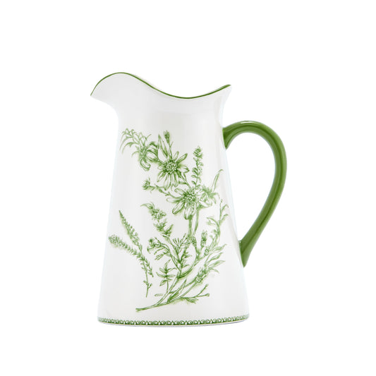 Bico Green Garden Toile De Jouy Ceramic 2.5 Quarts Pitcher with Handle, Decorative Vase for Flower Arrangements, Dishwasher Safe