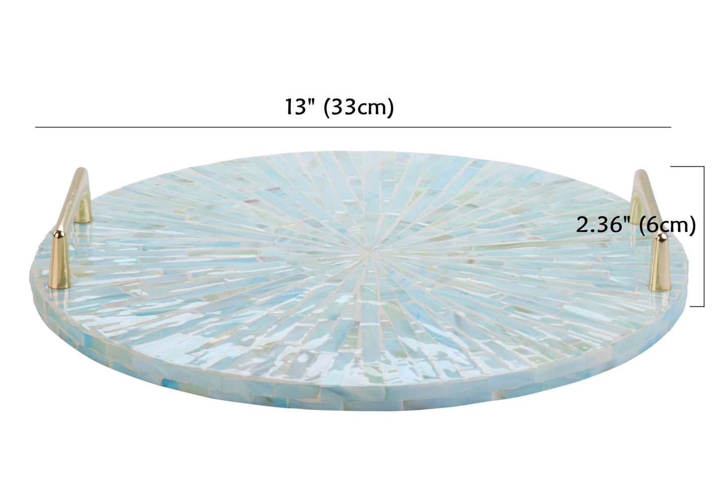 PEMAR Mother of Pearl Decorative Tray, 13"" Round with Gold Metal Handles, Vanity/Perfume/Trinket Tray, Catchall for Dresser, Bathroom, Vanity Table (Teal Sunlight)