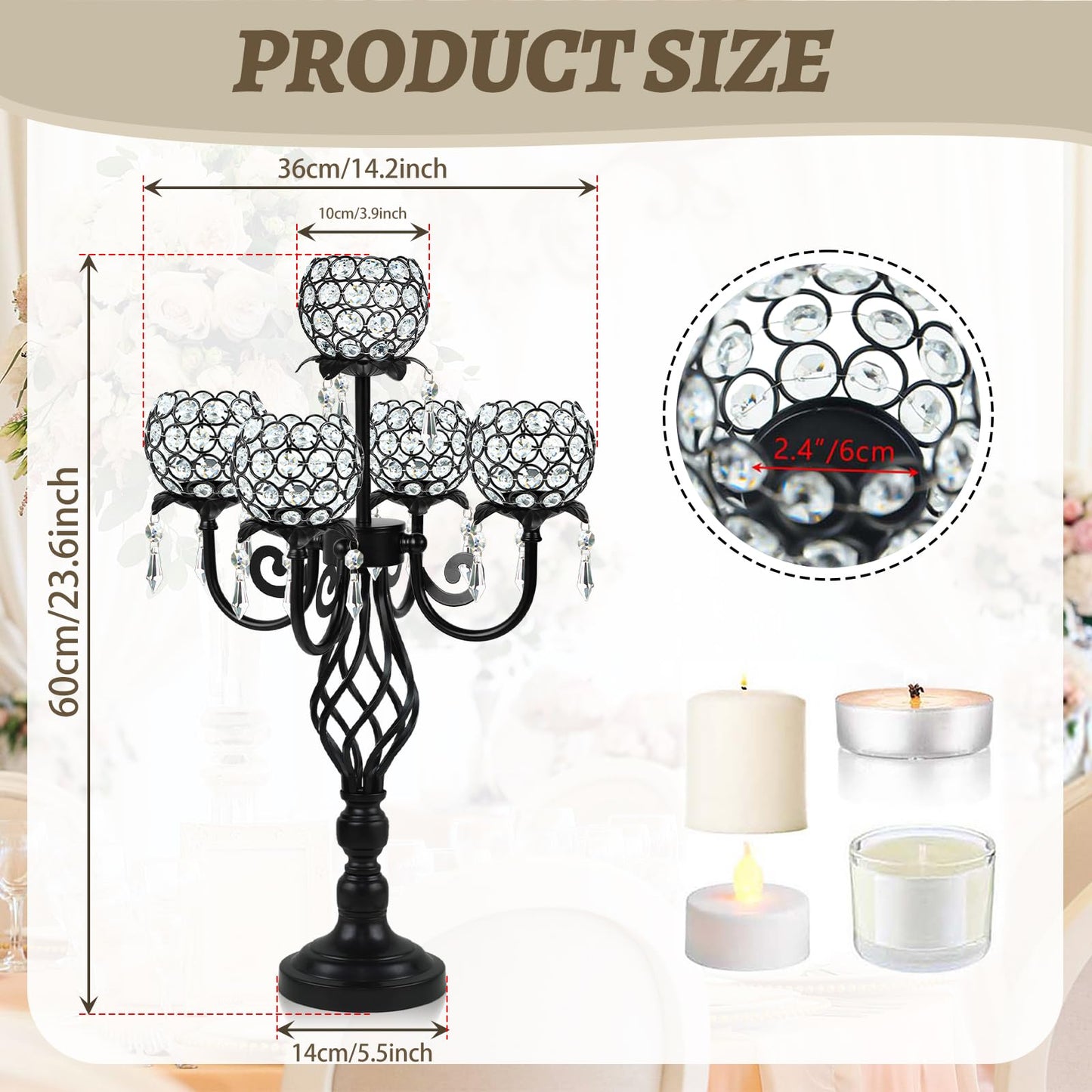 Kehail 5-Arm Crystal Candelabra Centerpiece 23.2" Tall - Elegant Candle Holder Stand with Crystal Bowl, Chic Table Decor for Weddings, Parties, Anniversary & Home Decoration (2, Black)