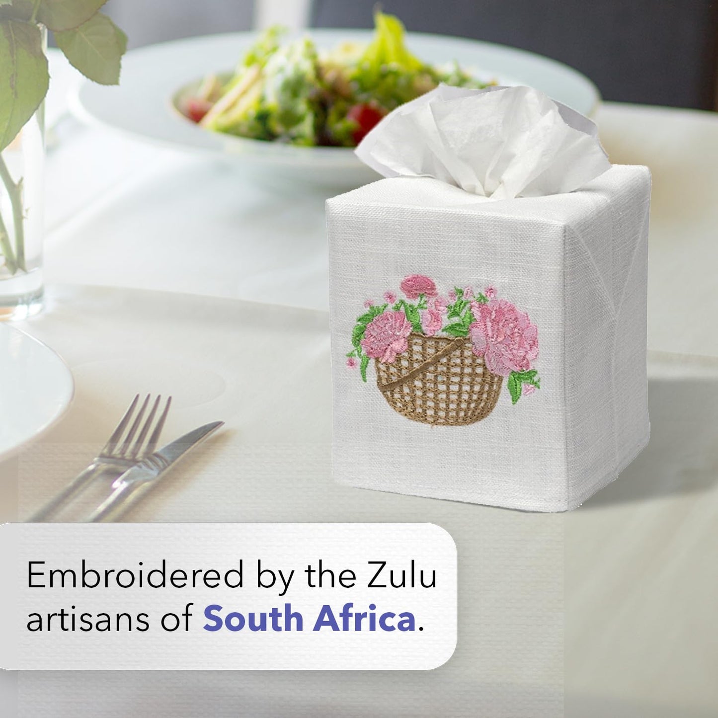 Jacaranda Living Square Tissue Box Cover, Linen/Cotton Fabric Tissue Holder, Decorative Cloth Tissue Cube Cover, Botanical Designs, Apple Blossom (White)