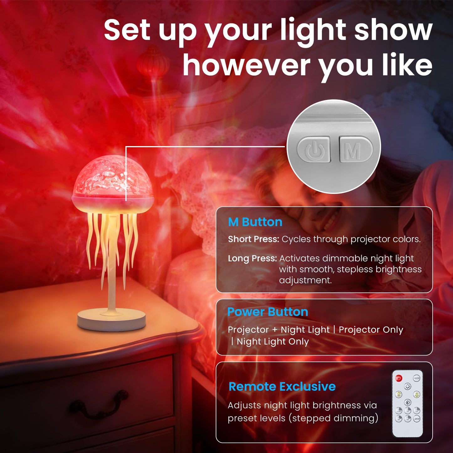 YzzYzz Jellyfish Lamp with Ocean Wave Projector Light, 2-in-1 Rechargeable Night Light with Remote, 3D Water Ripple Color Changing Lamp for Bedroom, Kids Room