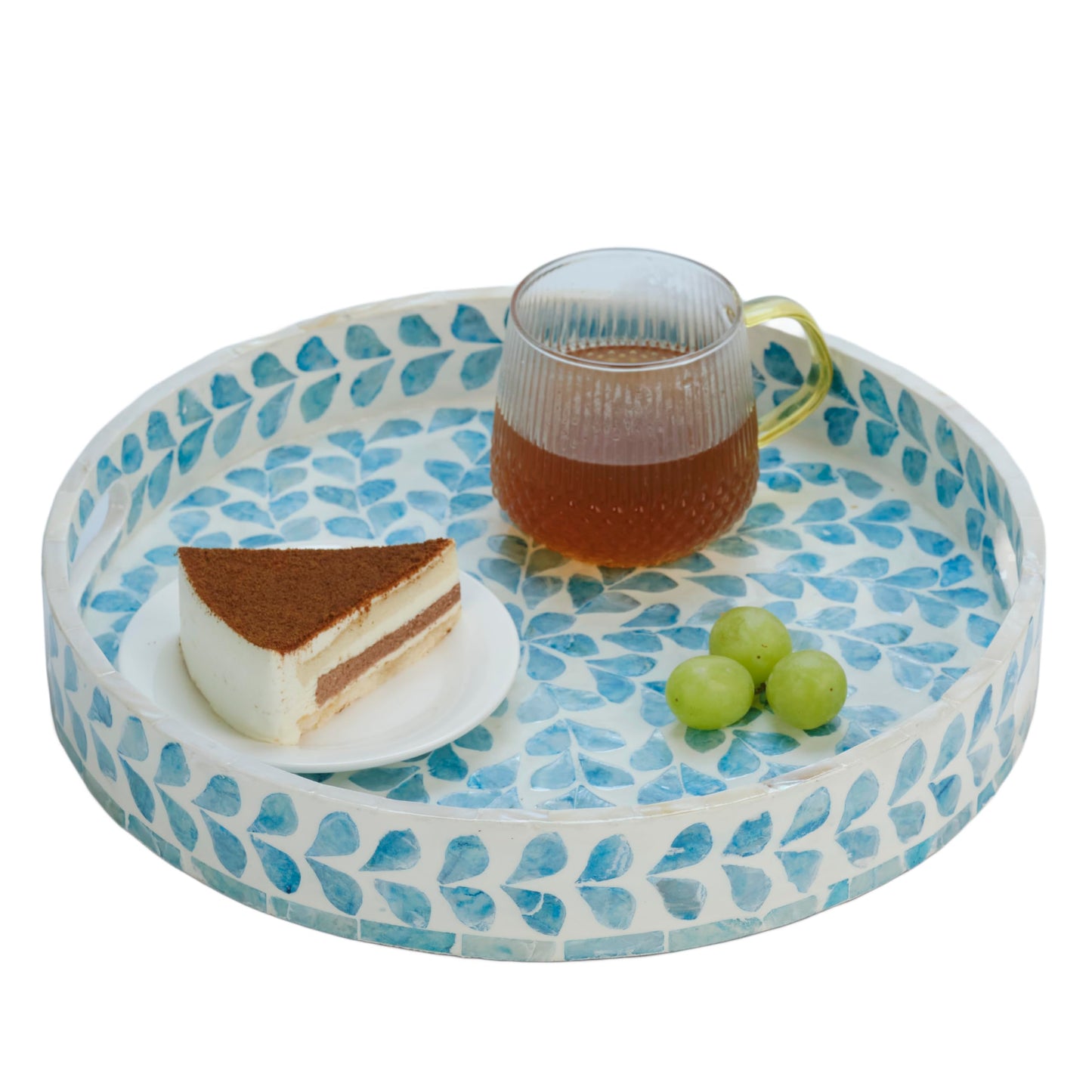 PEMAR 12.6” Mother of Pearl Round Serving Tray with Handles, Decorative Nacred Wooden Ottoman Coffee Table Tray (Teal Floral Pattern)