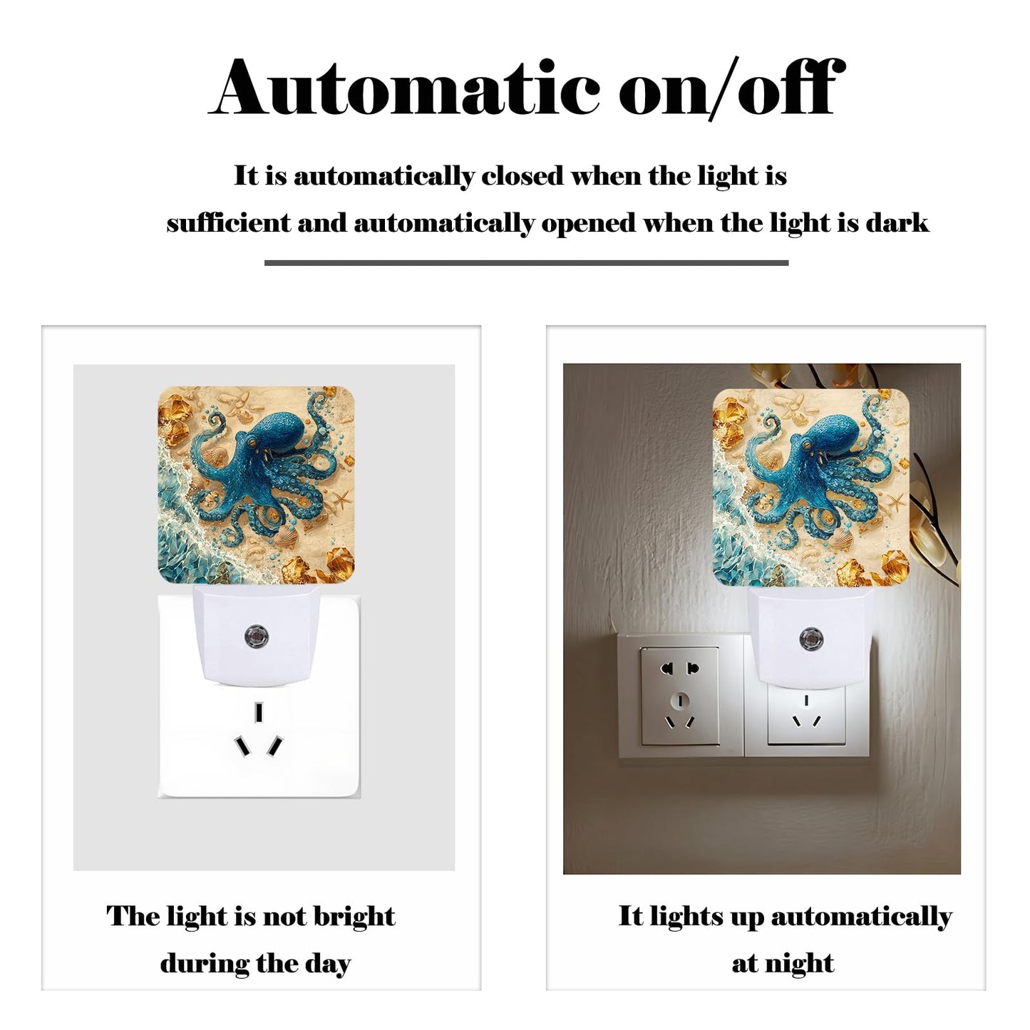 FSHVQKD Octopus on Beach Night Light,Plug-in Night Lights with Dusk-to-Dawn Sensor for Stairway,Hallway,Bedroom Sleep Friendly Ideal for Women/Girls/Boys Gift,0.5w