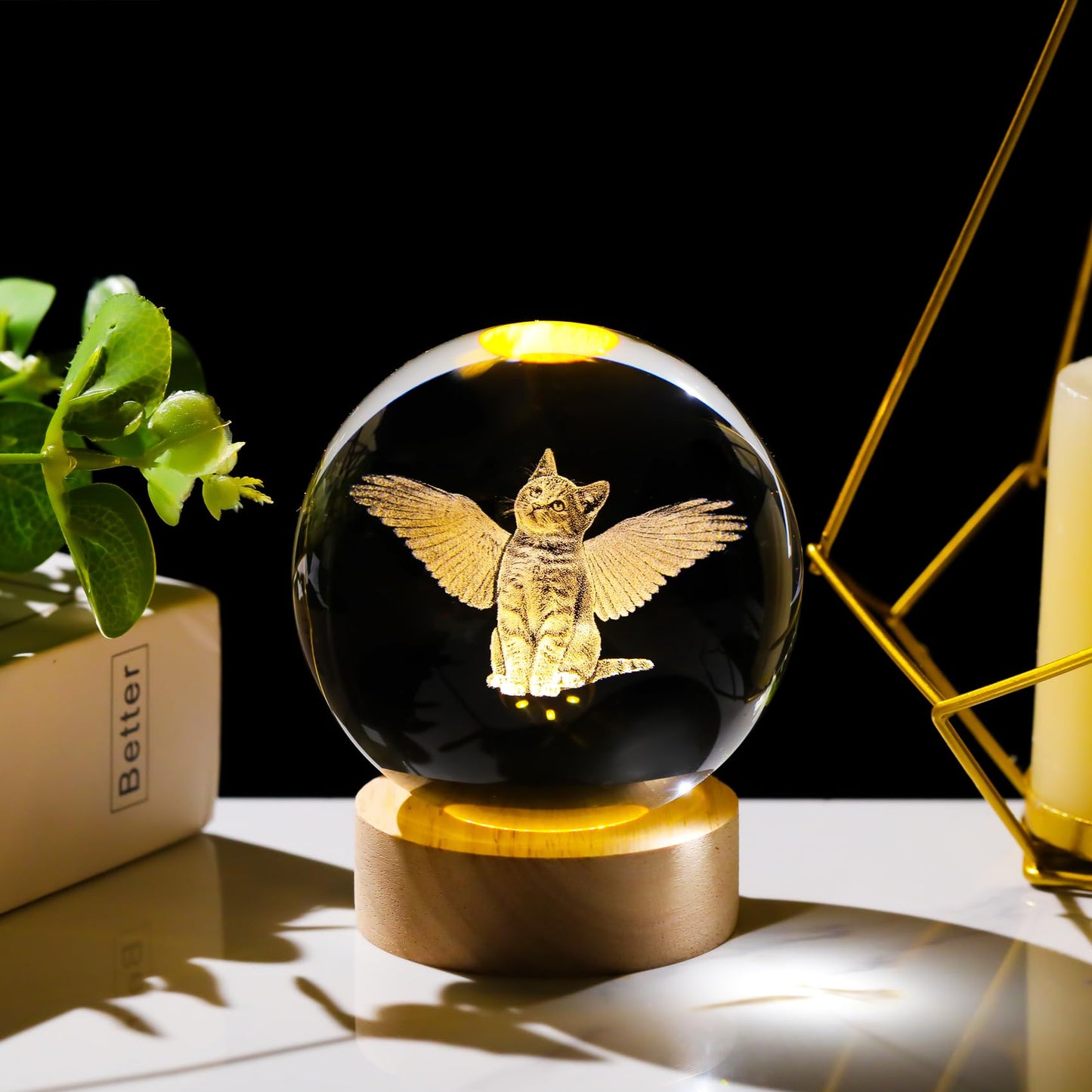 Arikyrist 3D Angel Cat Crystal Ball Figurines Gifts with LED Base for Women Her Mom on Birthday Cat Collectibles Home Decor Unique Lamp for Bedroom