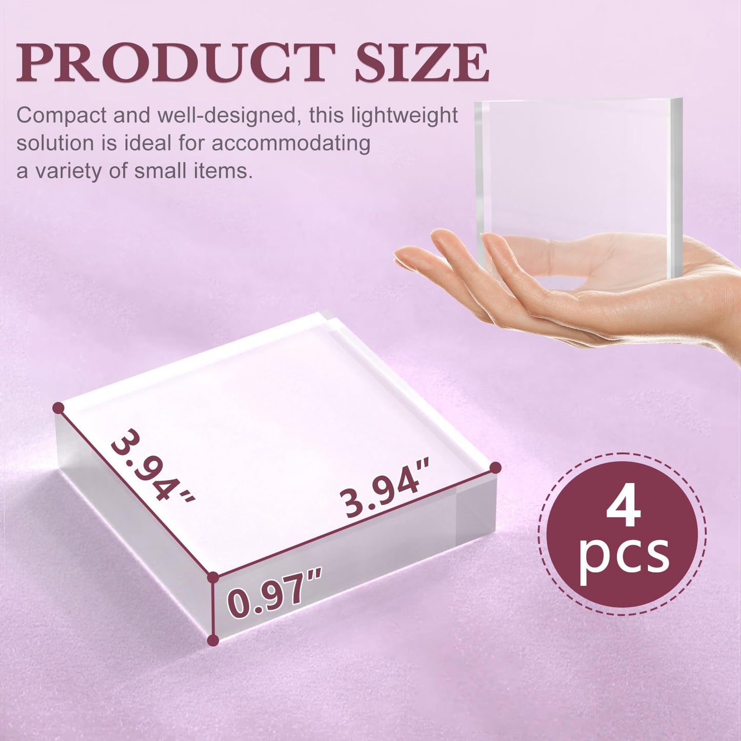 SAMYUCHO Acrylic Base Stand 4 Pieces Acrylic Blocks for Display 4 X 4 X 1 Inch Clear Polished Block Square Cube Riser Display Pedestal Stands for Jewelry Perfume Ring Collection Props Cake