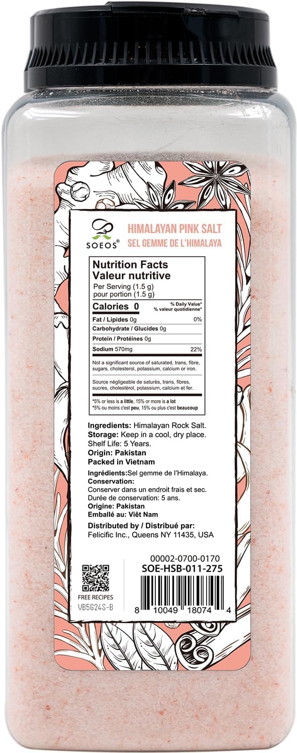Soeos Himalayan Pink Salt,Fine Grain,39oz (2.4 LB),Non-GMO Himalayan Salt,Kosher-Salt,Pink-Himalayan Sea-Salt,(Pack of 2)