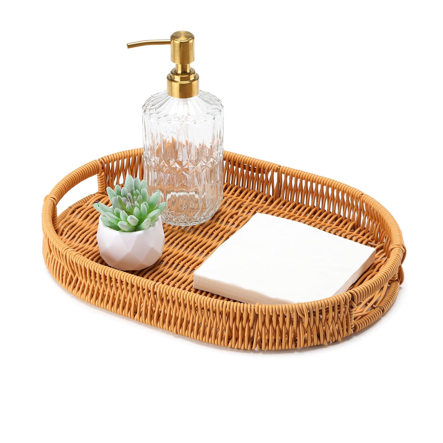 Segbeauty Faux Rattan Bathroom Vanity Tray for Home Decor, 13.8x9.8x1.8in Oval PP Wicker Storage Basket for Guest Towel Paper, Plastic Rattan Serving Woven Tray, Bedroom Basket Organizer with Handles