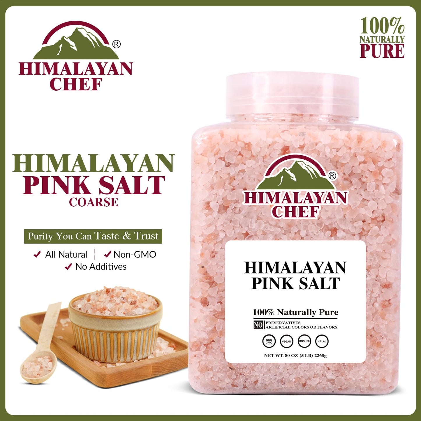 Himalayan Chef Himalayan Pink Salt 80oz (2.26kg), Non-GMO, Kosher, Coarse Grain, Nutrient and Mineral Dense for Health, Gourmet Pure Crystal Pink Salt for Grinder
