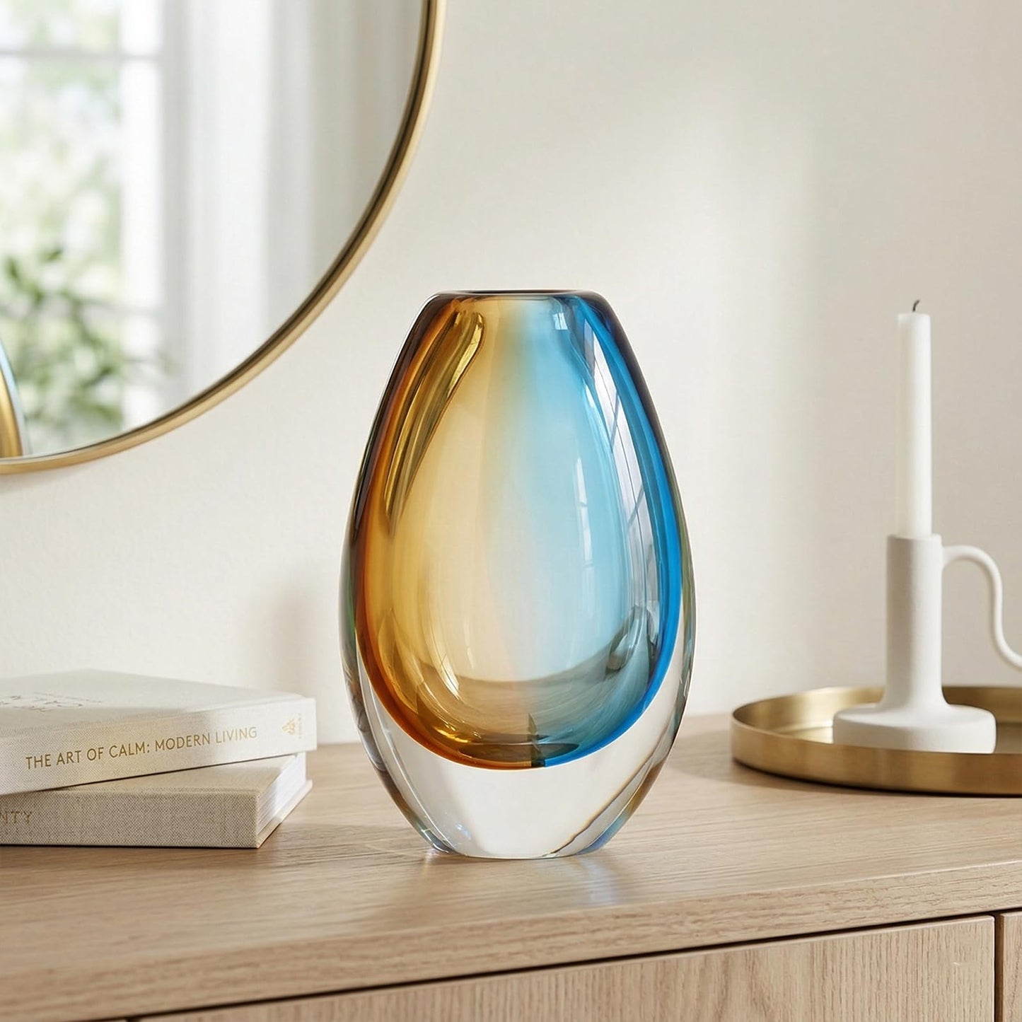 Hand Blown Art Glass Vase, Murano Inspired vase, Amber Blue Decorative Accent with Oval Silhouette for Dining Table, Entryway, Shelf or Mantel Display