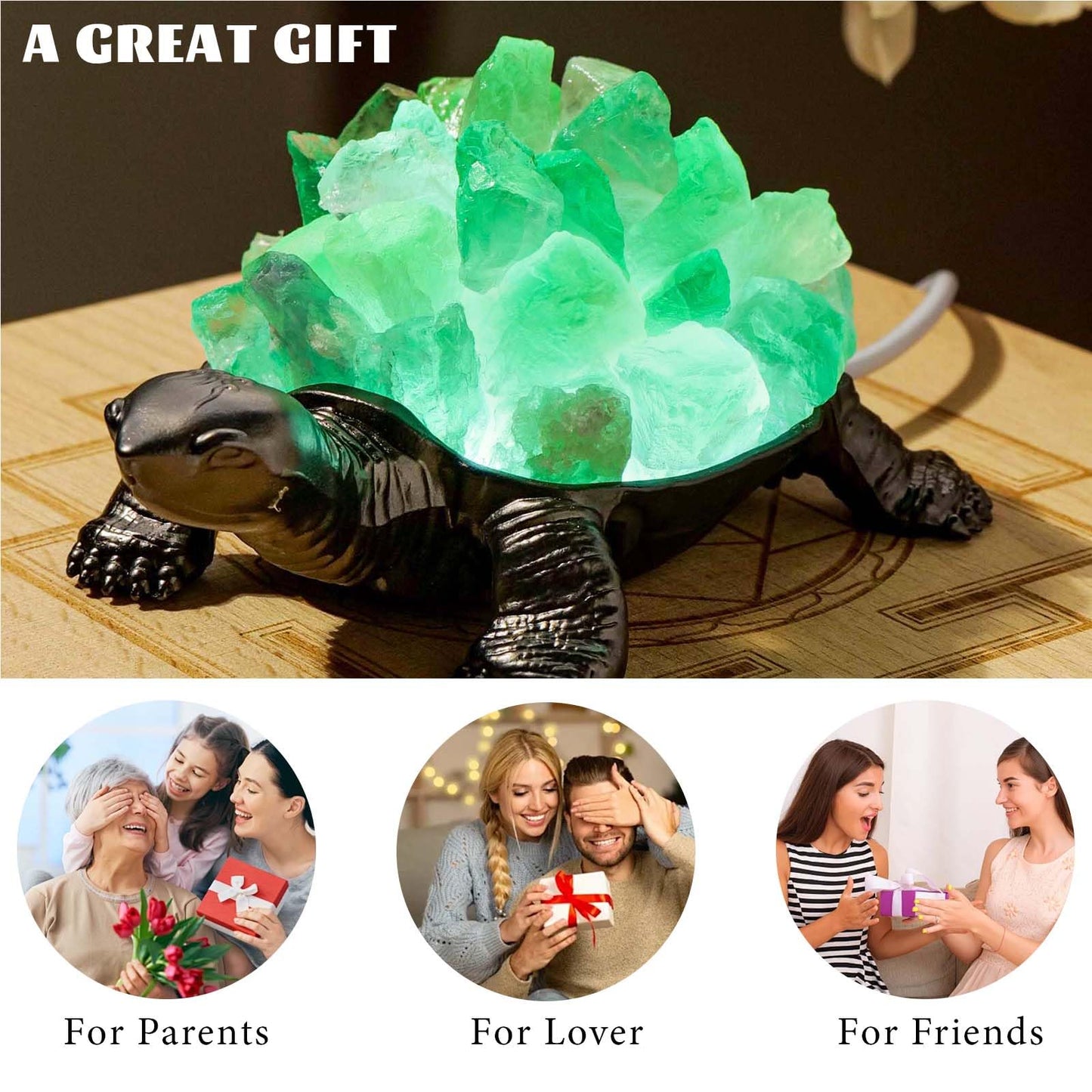 Runyangshi Natural Green Fluorite Turtle Night Lamp Healing Crystal Bedroom Bedside Table Lamp USB Port Home Decoration Women Men Decor Gift