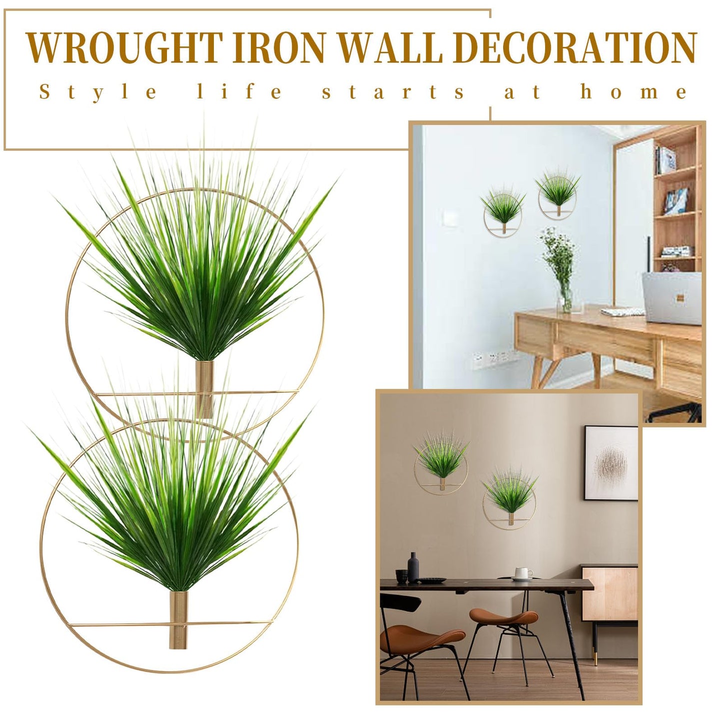 Zreneyfex 2 Pieces Boho Dried Flower Wall Hanging Vase, Antique Gold Iron Wall Decor with Rustproof Coating for Wedding, Bedroom, Cafe, Living Room, Apartment Home Display