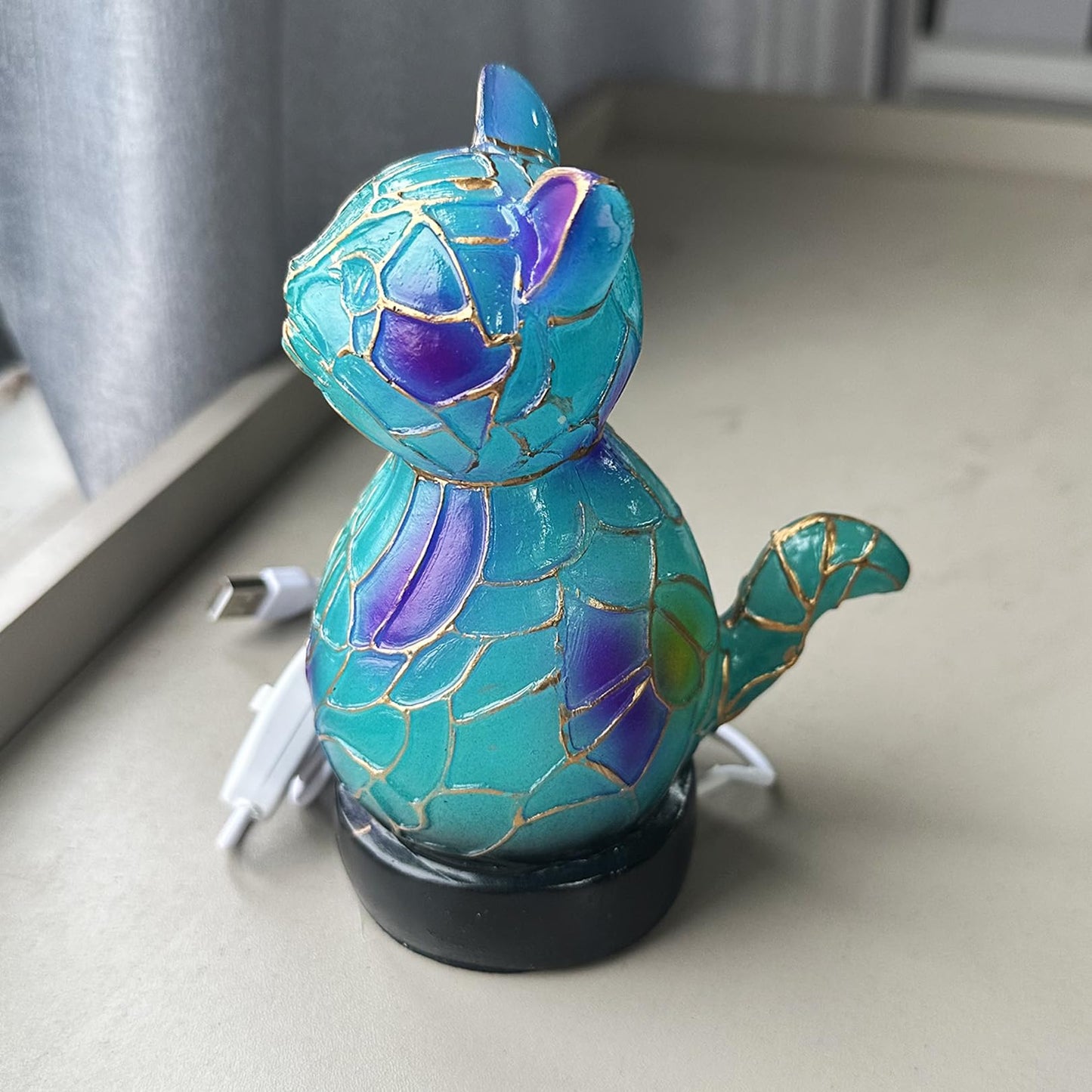 Desniltol 3D Animal Table Lamp, Retro Stained Animal Night Light Lamp, Cute Resin Animal Lamps, Vintage Animals Bedside Lamp with USB Ports Suitable for Living Room, Bedroom, Home Office (Cat)