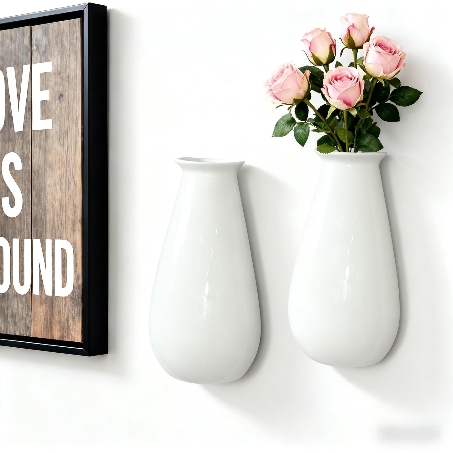 Wall Hanging Planters for Indoor Plants, Set of 2, Wall Mounted Vase for Home Decor, Modern White Wall Decor for Bathroom, Kitchen, Dining Room, Living Room