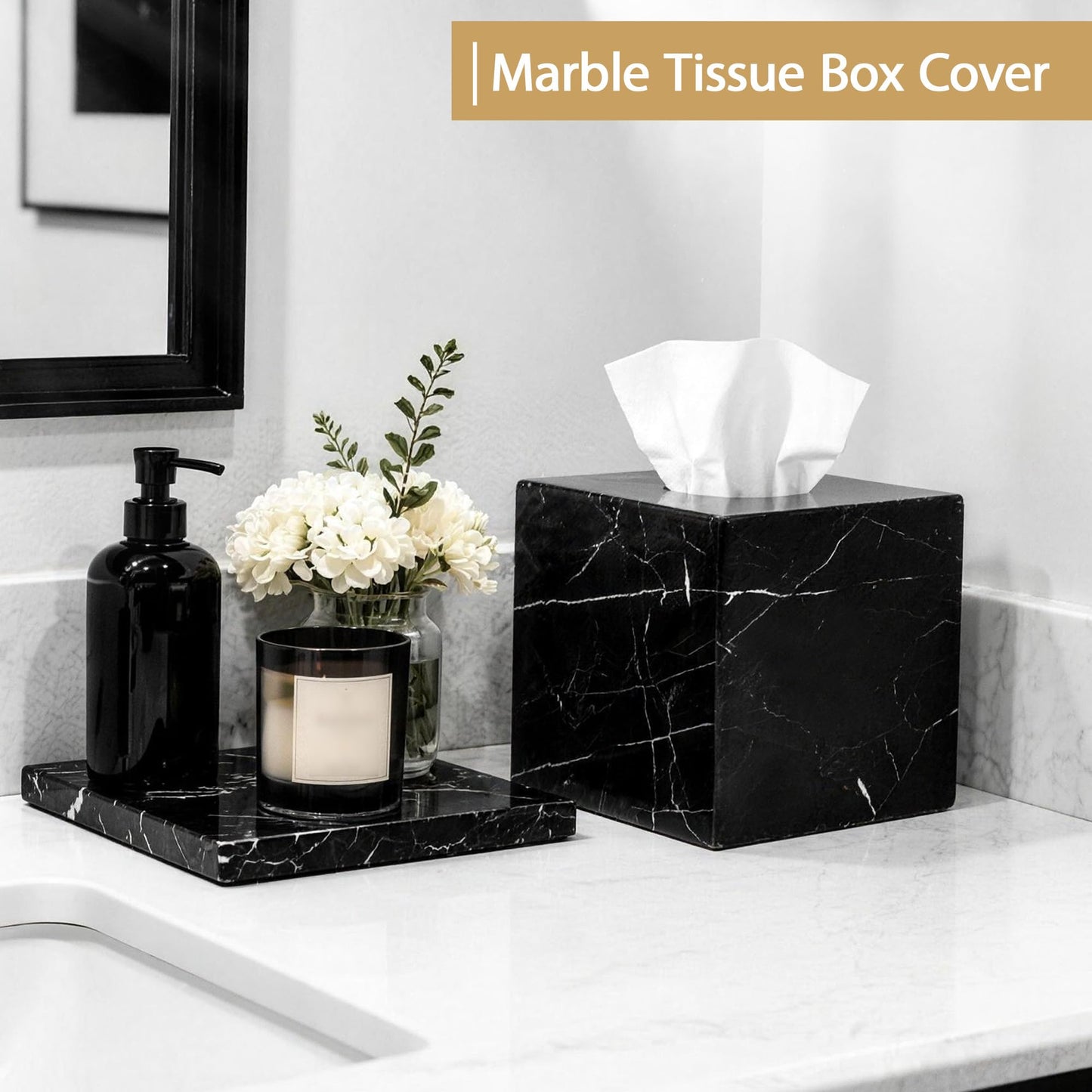 HAMAKAWA Natural Marble Tissue Box Cover, Black Tissue Organizer 6 x 6 x 5.7 inch, Heavy Stone Decorative Box, Square Tissue Box Holder for Home Decor, Kitchen, Bathroom, Bedroom