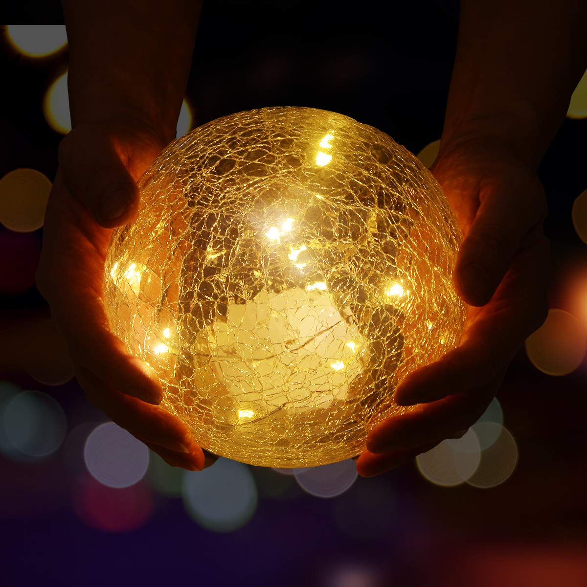 6 Inches Crackle Globe LED Lamp Battery Operated, Gold Mercury Crackled Glass Ball Light with Bottom Switch for Festival Christmas Decoration, Home Living Room Indoor
