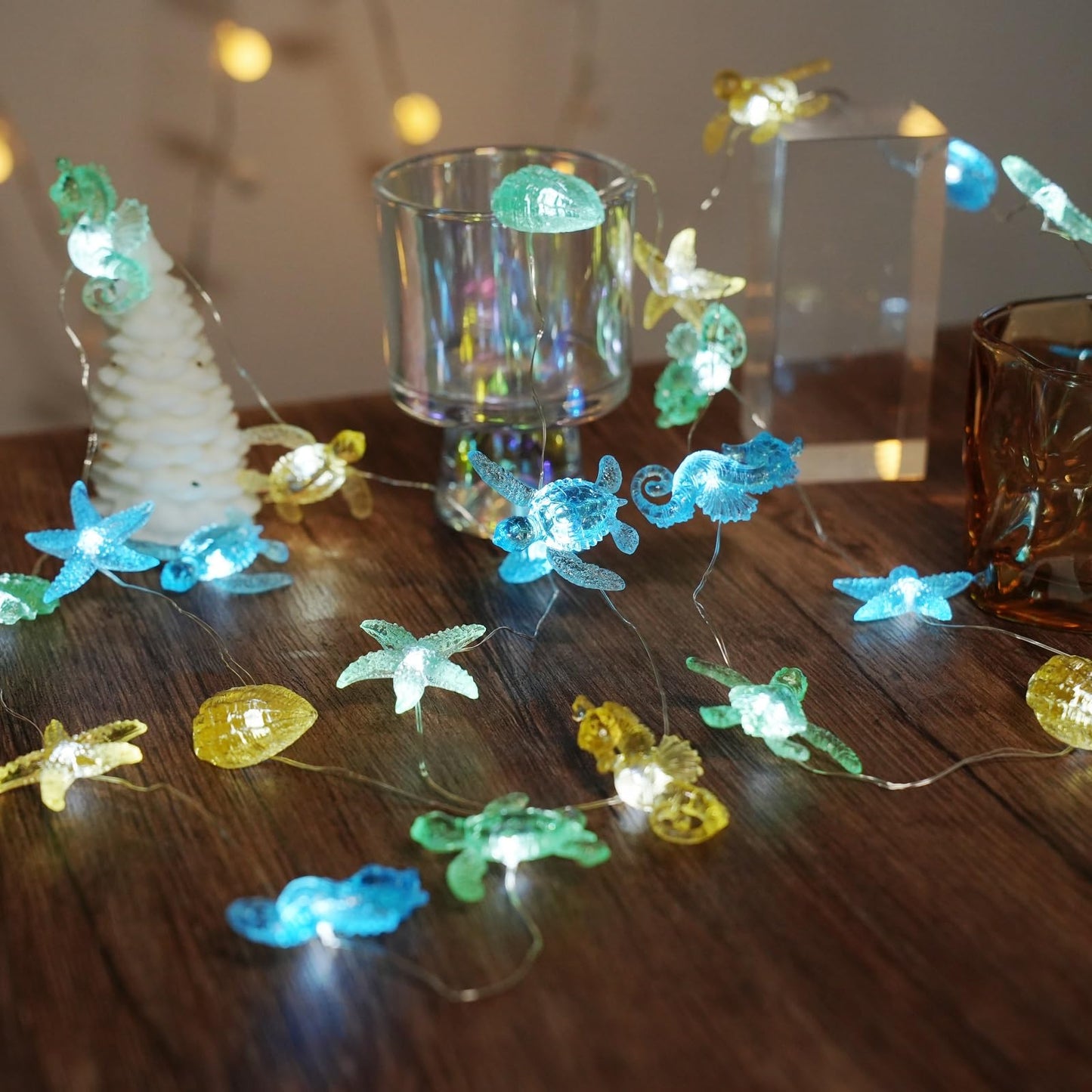 Ocean themed decor String Lights, Nautical Beach Party Decorations,Cute Sea Turtle Starfish Decorative Marine Life Night Lamp,Battery Operated USB Plug In 30LED 10ft For Bedroom Christmas Ornaments