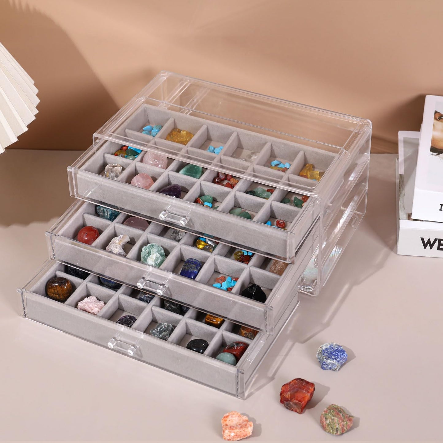 Rock Display Case, 54 Girds Rock Collection Display, Rock Collection Box for Kids with Acrylic Cover and Velvet Compartment, Gemstone Display Case for Stones, Crystals, Gems (Grey)