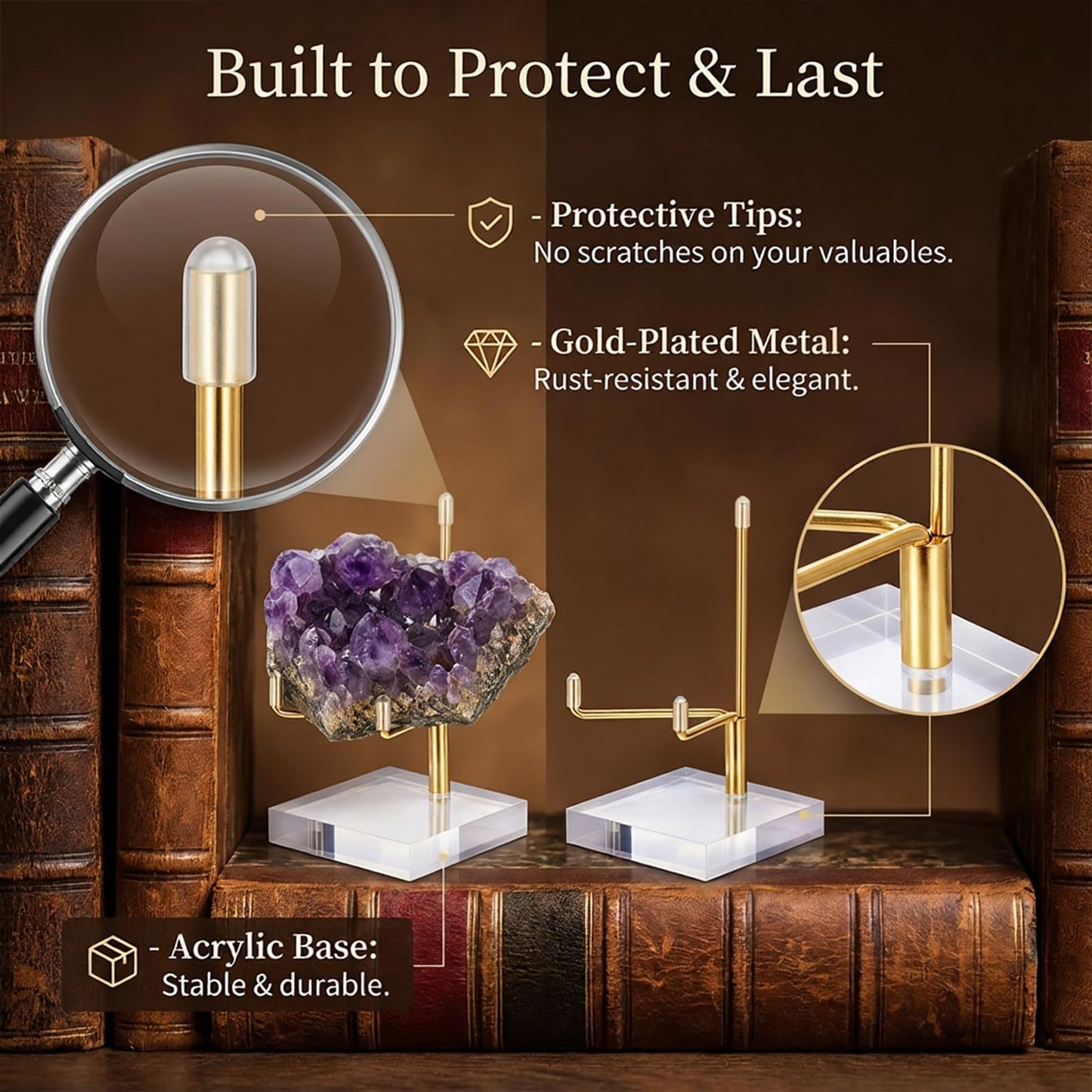 Oqqlin 8 Pcs Adjustable Metal Arm Display Stand, 2 x 2 x 3.5 Inch Gold Small Crystal Display Easel with Clear Acrylic Base Rock Mineral Stand for Picture, Rock, Geodes, Mineral, Agate