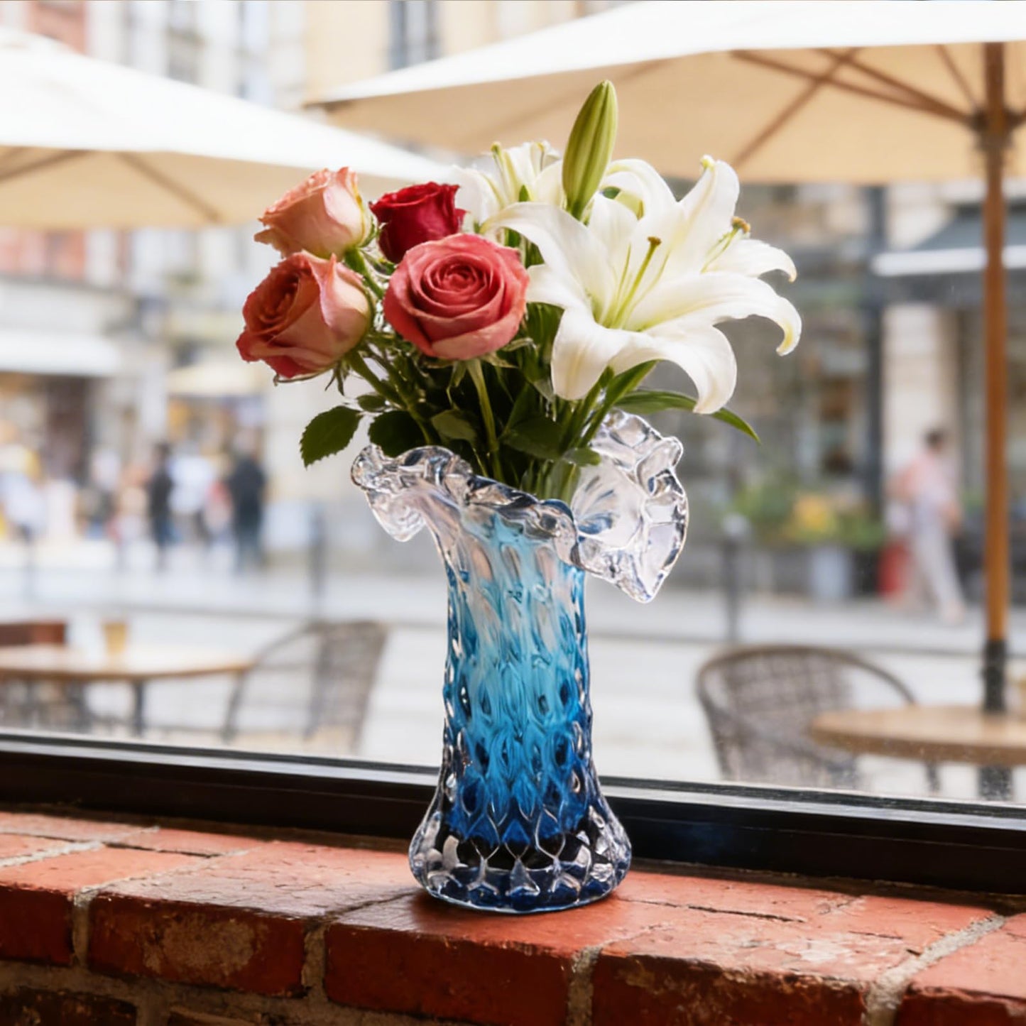 Unique Waves Hand Blown Crystal Glass Vase - Blue Gradient Flower Vase for Home Decor& Living Room Table, Centerpieces & Gift