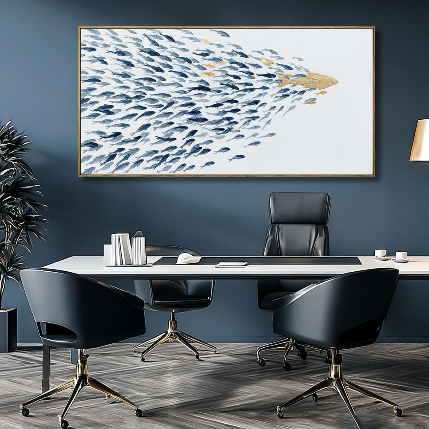 Minimalist Framed Wall Art Fish Animal Ocean Blue Gold Modern Canvas Prints 29"x58" Large Pictures Artwork for Living Room Kitchen Wall Art Decor