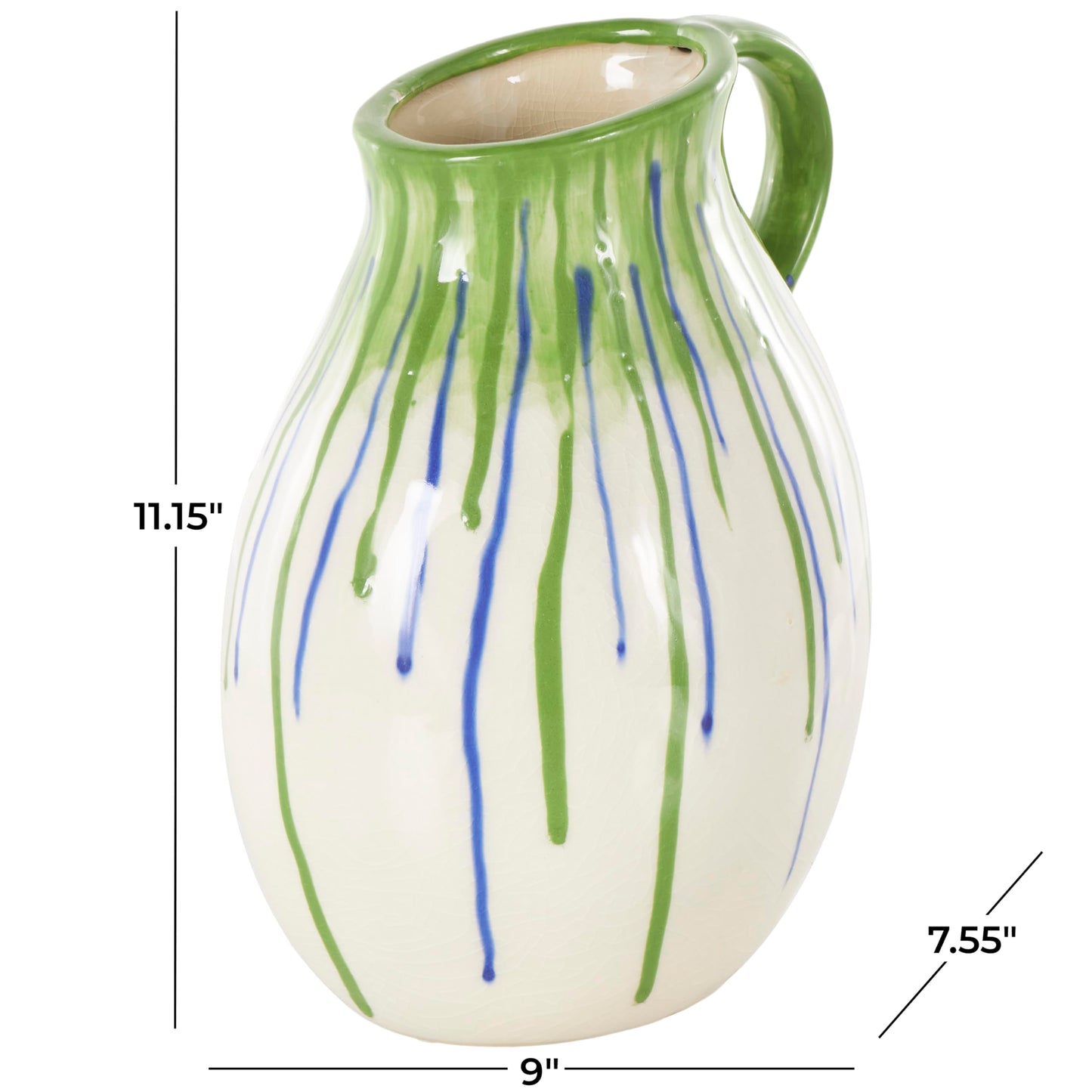 Deco 79 Ceramic Abstract Decorative Vase Centerpiece Vases with Green and Blue Drip Design and Handle, Flower Vases for Home Decoration 9" x 8" x 11", White