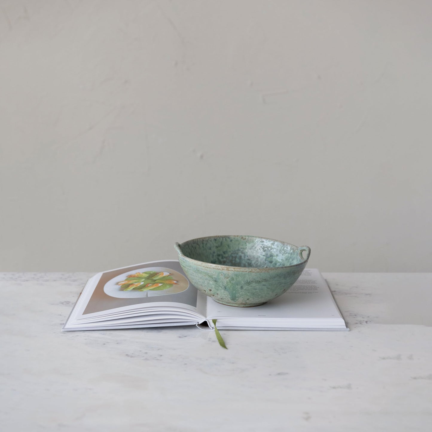 Creative Co-Op Stoneware Berry Bowl with Handles, Aqua Reactive Glaze