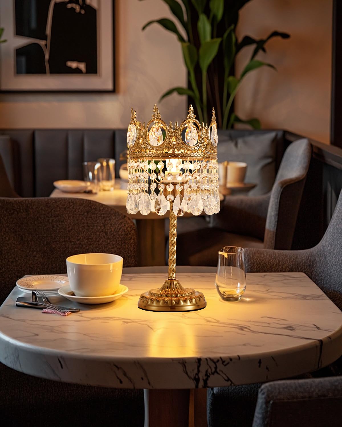 AuroraSpher 17" Gold Crystal Table Lamp for Bedroom, Cute Crown Shape Bedside Lamp for Nightstand, Modern Farmhouse Plug in Desk Lamp for Living Room, Home Office, Home Decor