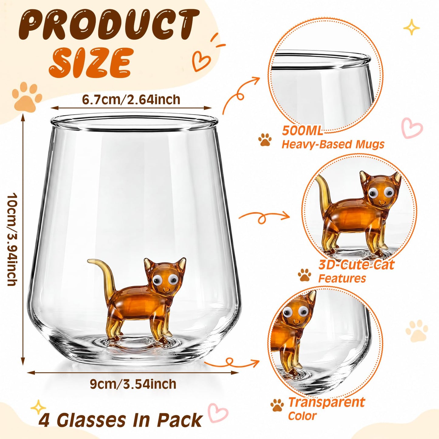 Hushee 4 Pcs Cat Figurine Glass Cup 16oz 3D Animal Cup Novelty Gift for Cat Lover Cute Stemless Coffee Tea Wine Glasses for Women Mom Her Wife Holiday Birthday Housewarming