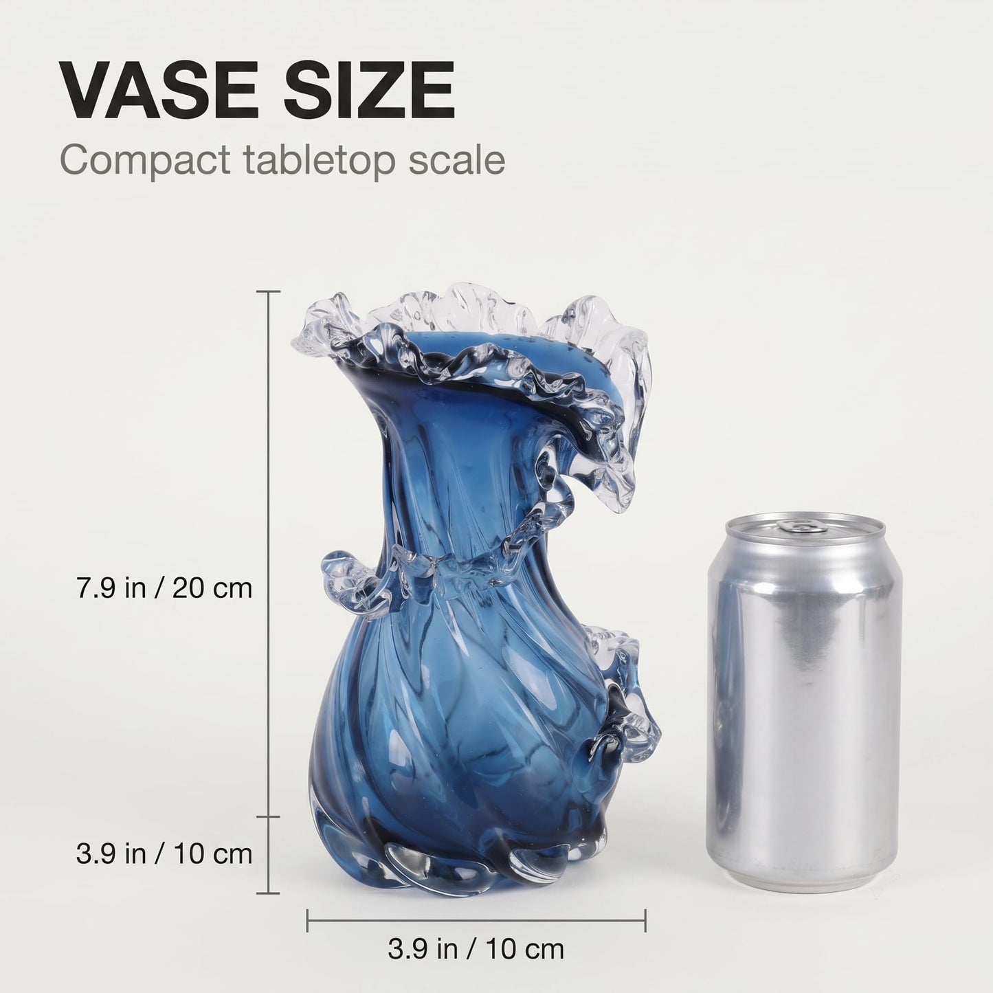 Hand Blown Blue Glass Vase, Wavy Wide Mouth Coastal Flower Vase