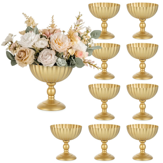 Sziqiqi Urn Vase for Wedding Centrepiece: 7.9in Gold Compote Bowl Vase Table Decorations - Floral Arrangement Pots Set of 10 - Metal Decorative Vases for Party Reception Dinner Table