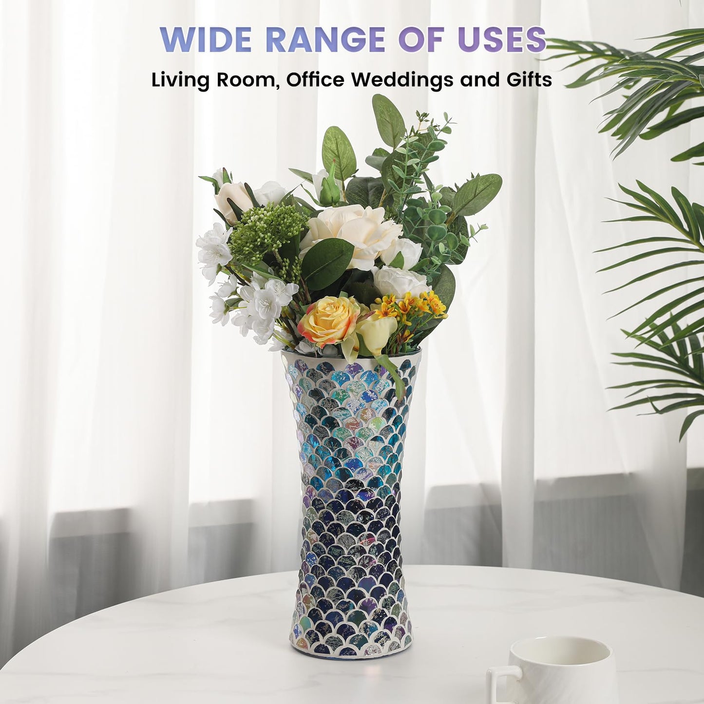 Adedeo Mosaic Glass Flower Vase for Home Decor, Large Handmade Glass Vases for Living Room, Kitchen, Wedding, Office (Fan Shape Golden Blue, 5 * 11.8 Inch)