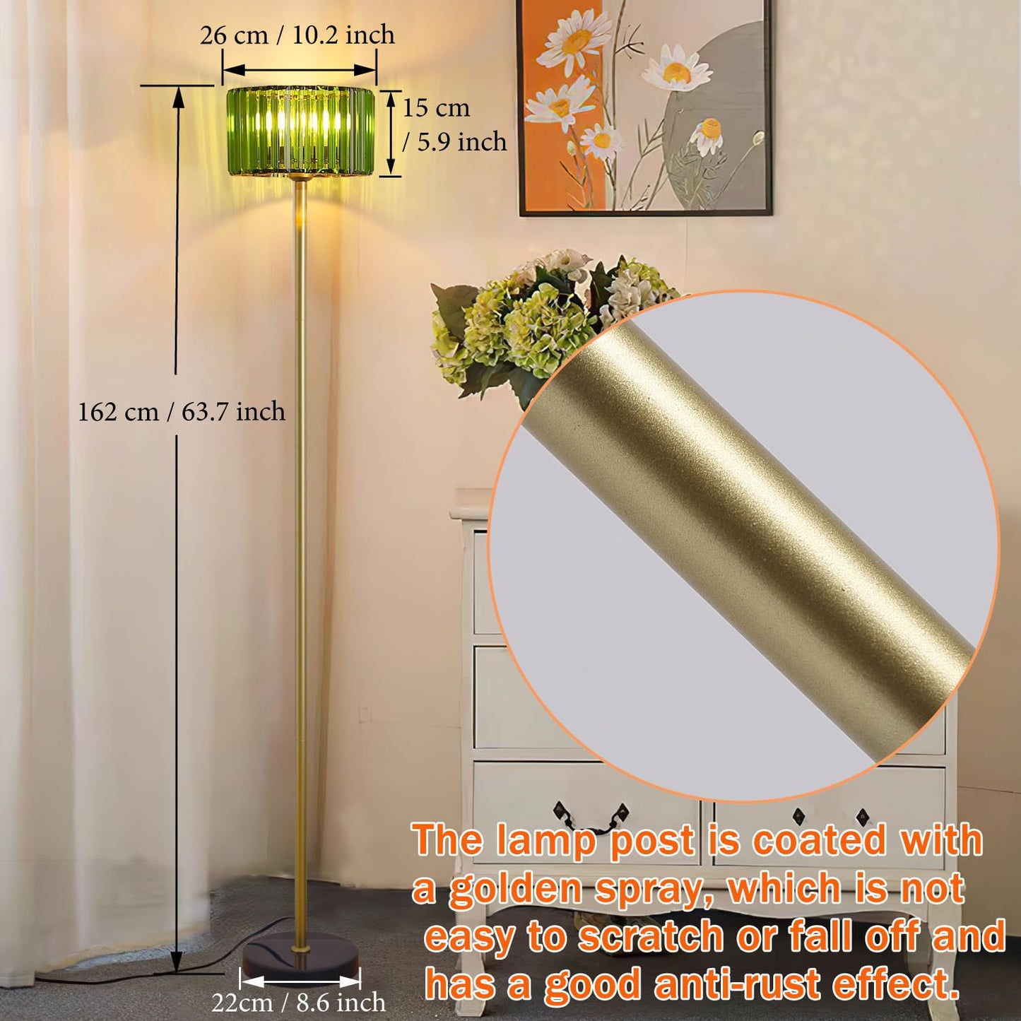 Asmymhd Modern Crystal Floor Lamp, Gold Standing Light with Green Crystal Shade, Mid Century Pole Lamp for Living Room, Bedroom, Corner Office (Gold and Green)