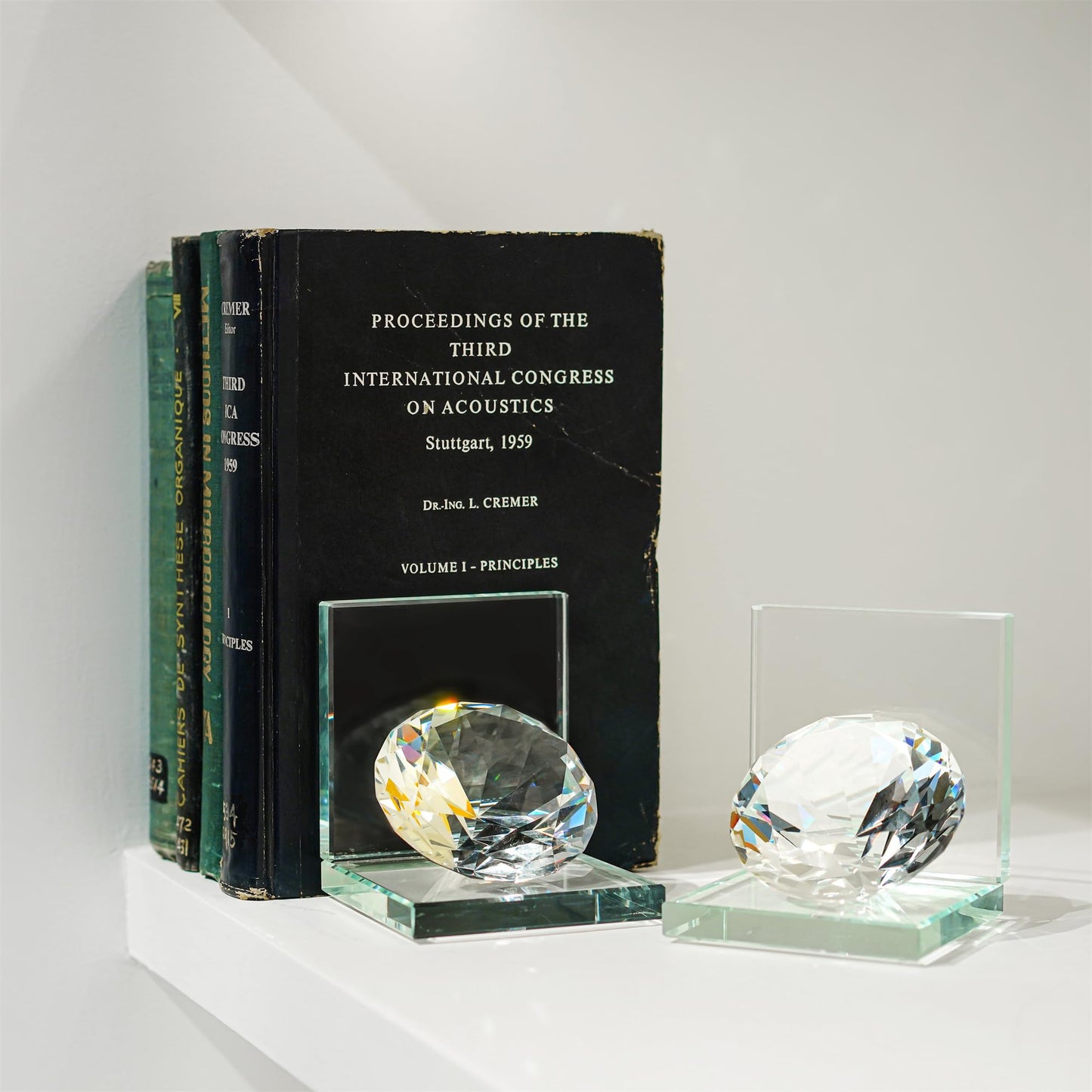 1 Pair Crystal Bookends with 80mm Clear Diamond, L Shaped Heavy Duty Book End for Shelves Non Skid Bookends Book Stopper, 4inch
