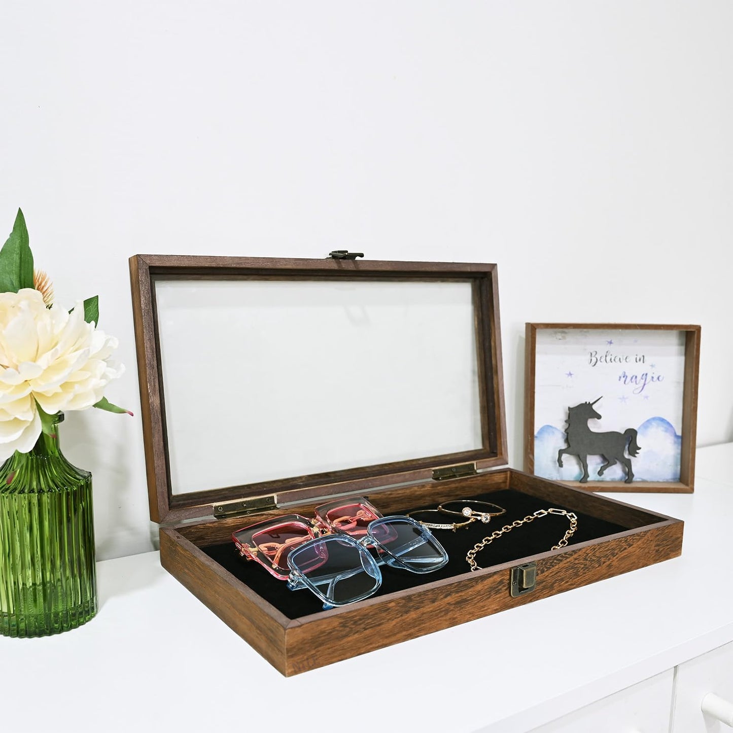 MOOCA Wooden Jewelry Display Case with Tempered Glass Lid and Removable Black Luxurious MDF Velvet Jewelry Display Pad, Pocket Knife Eyewear Case, Brown Color