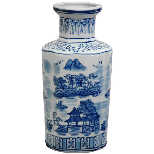 Red Lantern 12" Landscape Blue & White Porcelain Vase