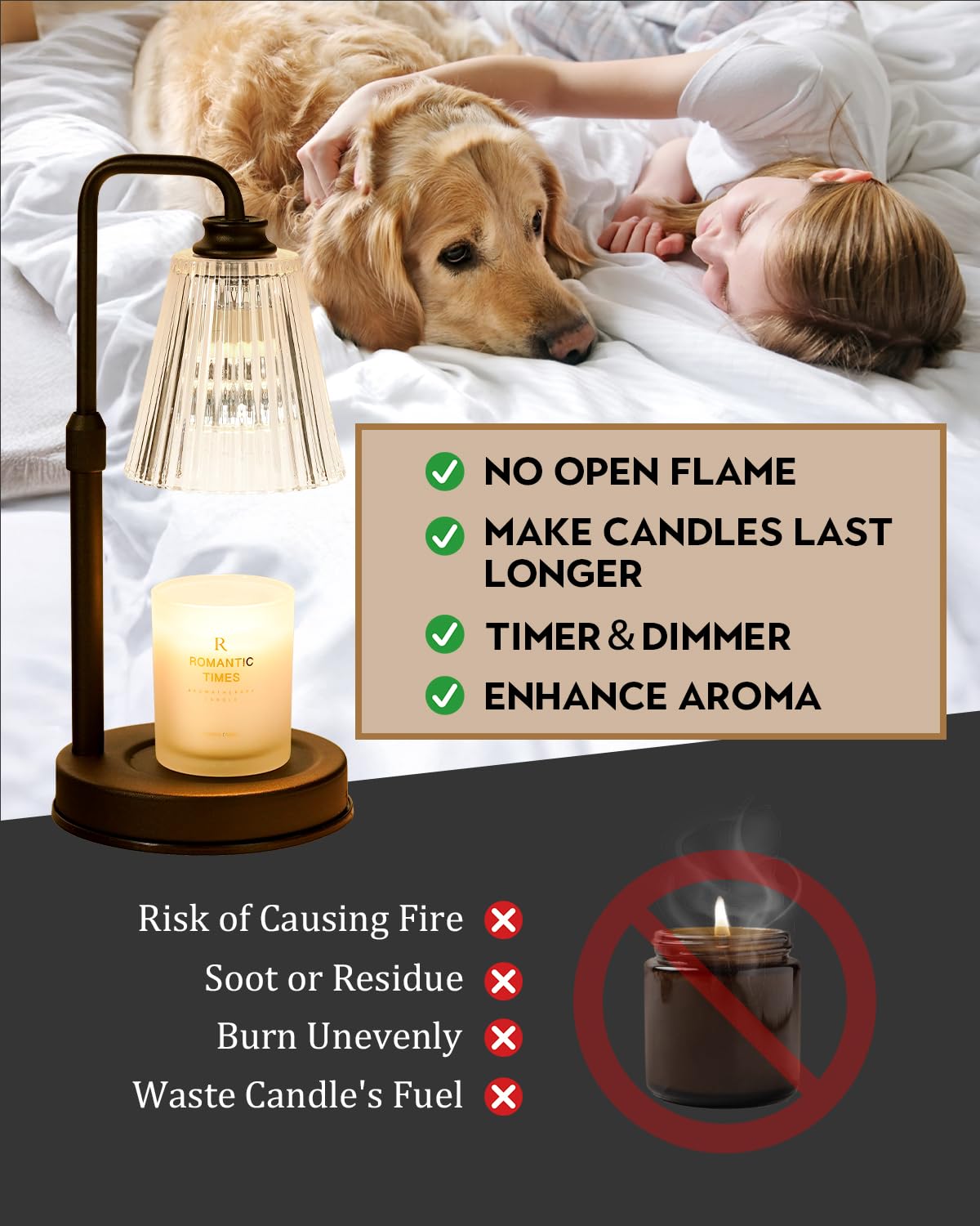 Candle Warmer Lamp With Timer Dimmable Crystal Vertical Stripe, Birthday Gifts for Women Mom, Adjustable Candle Warmer with 2 Bulbs, Christmas Black Candle Lamp for Jar Scented Candles, Home Decor