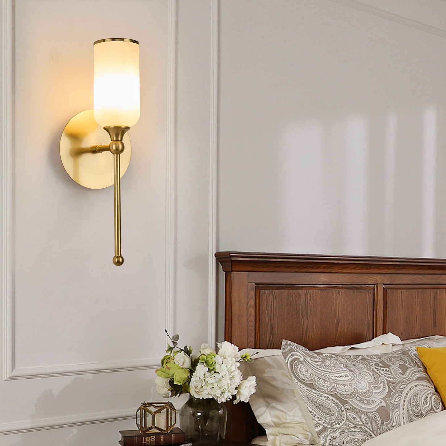 Fanyank Alabaster Wall Sconce, 15.4inch Natural Marble Lampshade Wall Sconce, Hardwired Sconce LED Modern Wall Lamp for Bedroom, Stairs, Living Room, Bedside, Hallway Gold