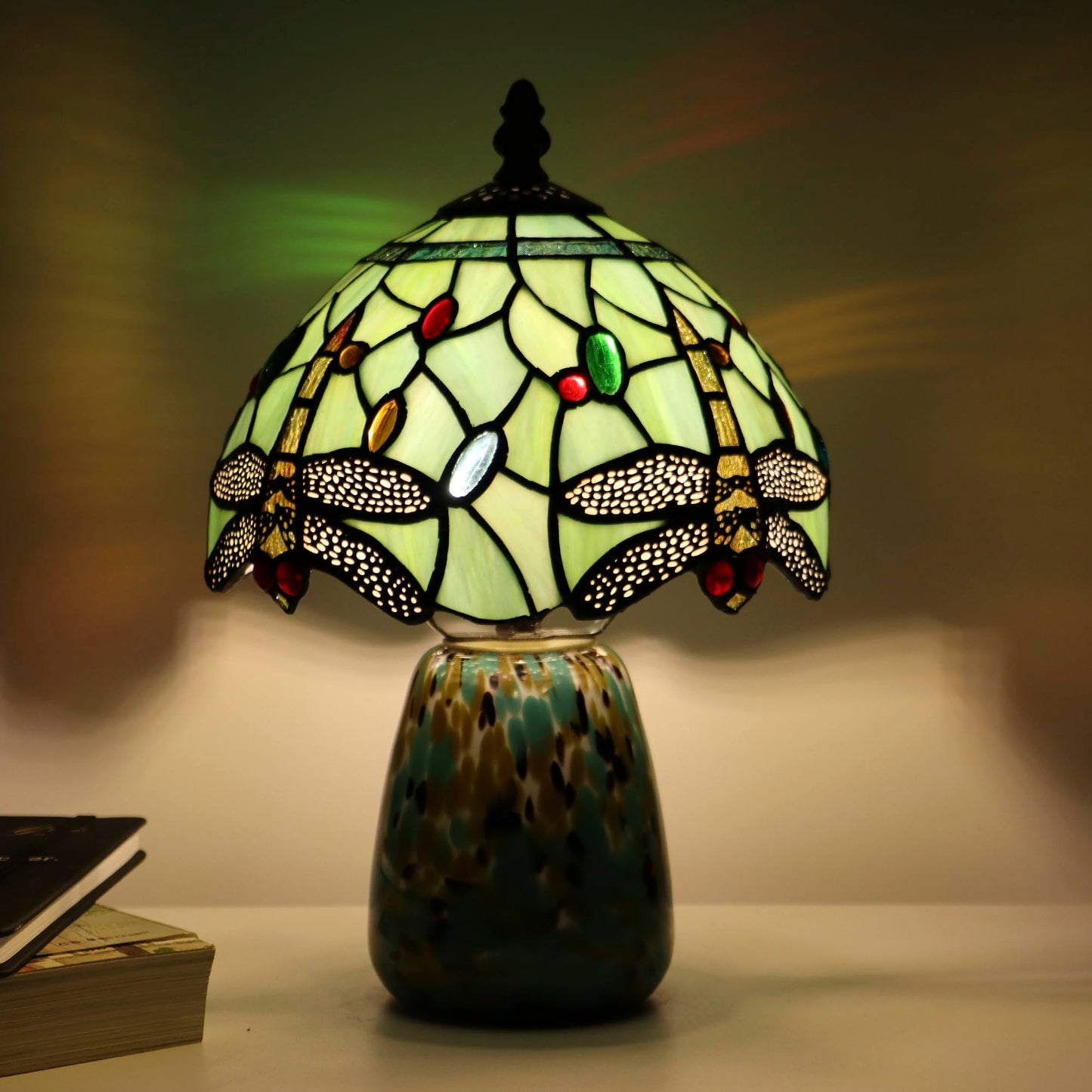 Tiffany Mushroom Table Lamp Dragonfly Style Grass Green Stained Glass Accent Lamp Brown Blue Glass Base 8X8X12 Inch