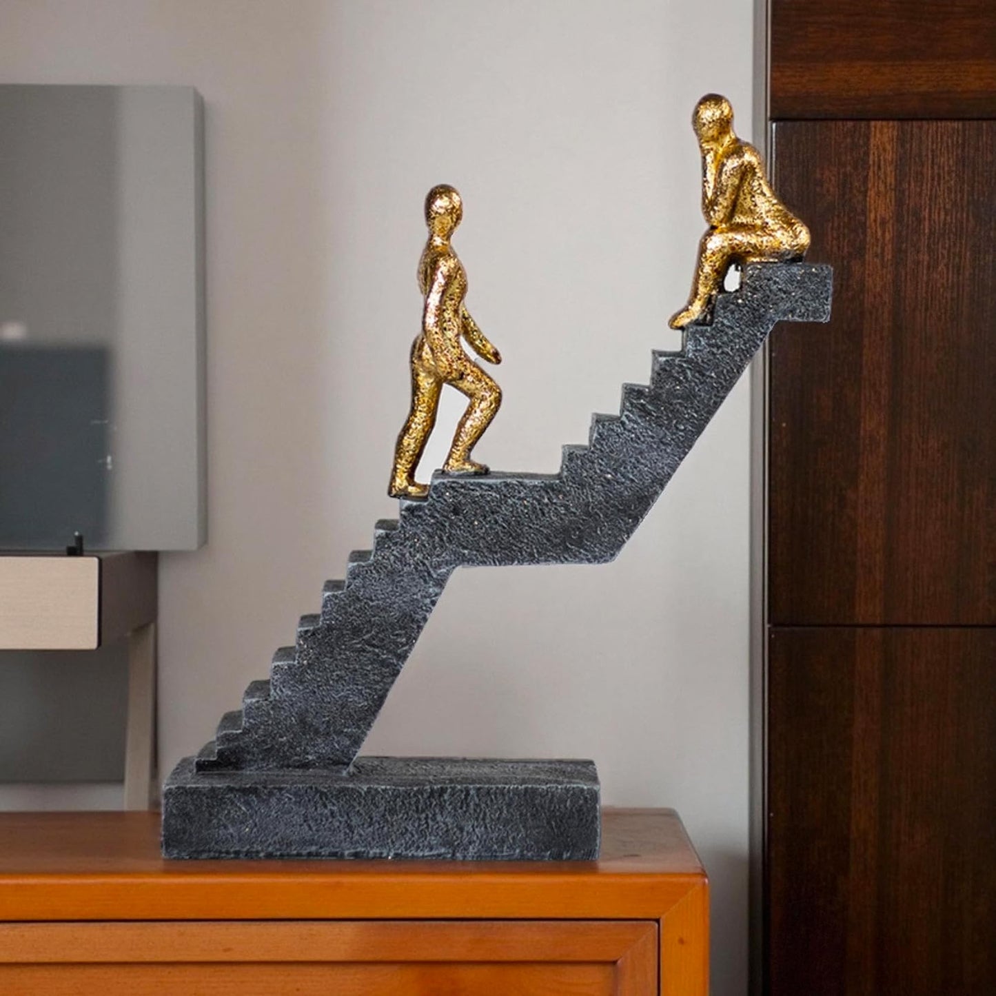 Hebdids Modern Staircase Sculpture, Gold Figures on Black Steps, 8.66 x 7.09 x 2.56 inches, Contemporary Art Decor