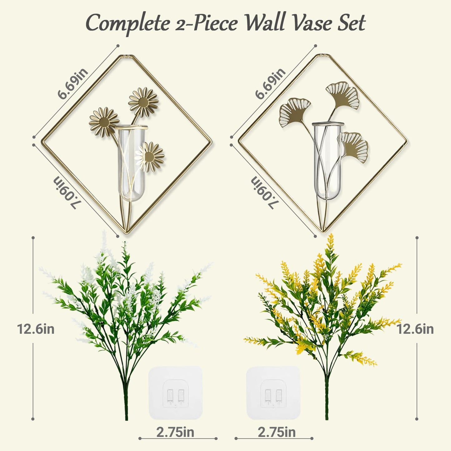 AZY 2 Pack Metal Wall Vase Set – Modern Farmhouse Wall Decor for Living Room, Bathroom & Bedroom, No-Drill Hanging Wall Planters with Artificial Plants, Boho Wall Decor & Minimalist Metal Art