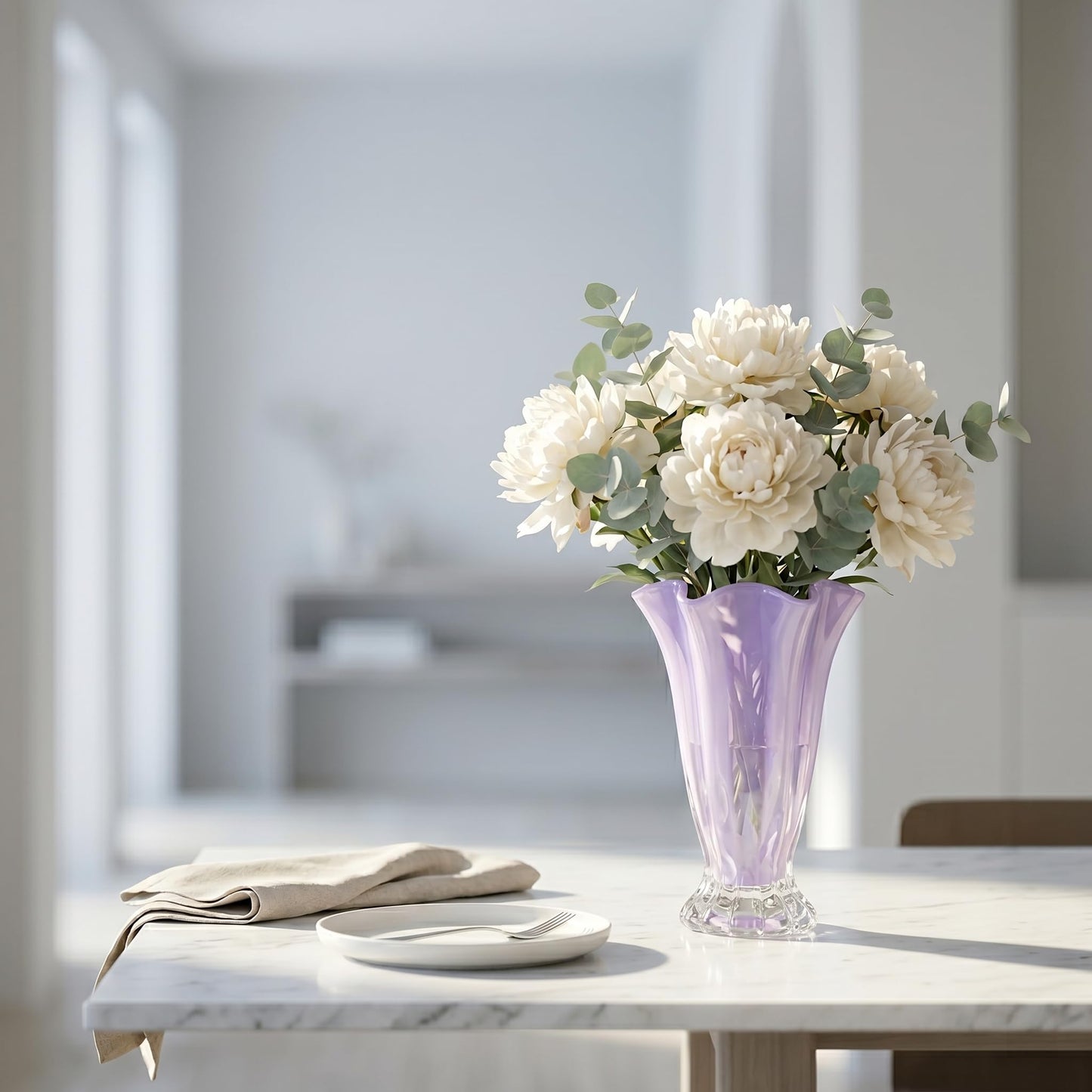 Ruffled Vase Display with Wavy Rim, Hand Blown Glass Vase for Flowers, Blown Glass Decor Centerpiece with Ribbed Panels for Tabletop Shelf Mantel Home Decor (Purple)