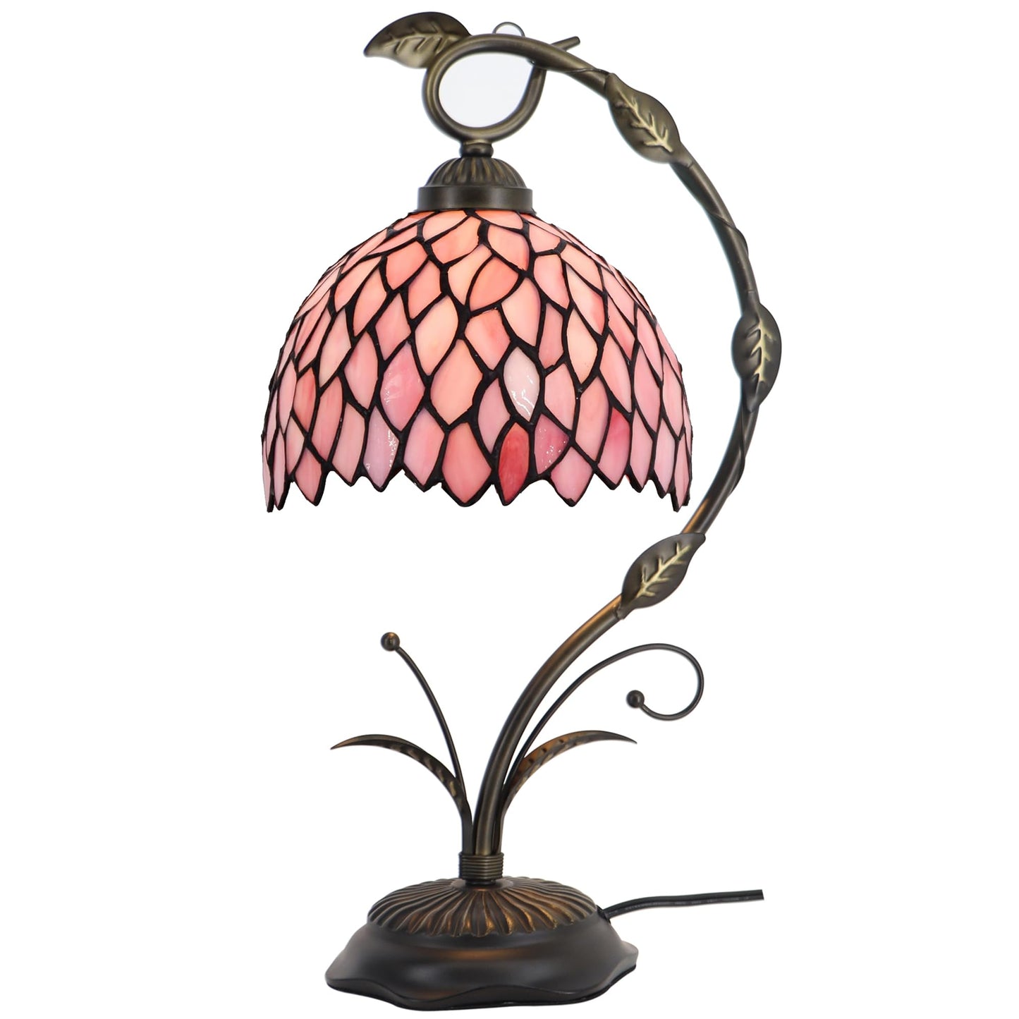 LXHCYOU Tiffany Table Lamp, Stained Glass Desk Reading Light, 8X10X19 Inches, Metal Leaf Base (Pink Wisteria)