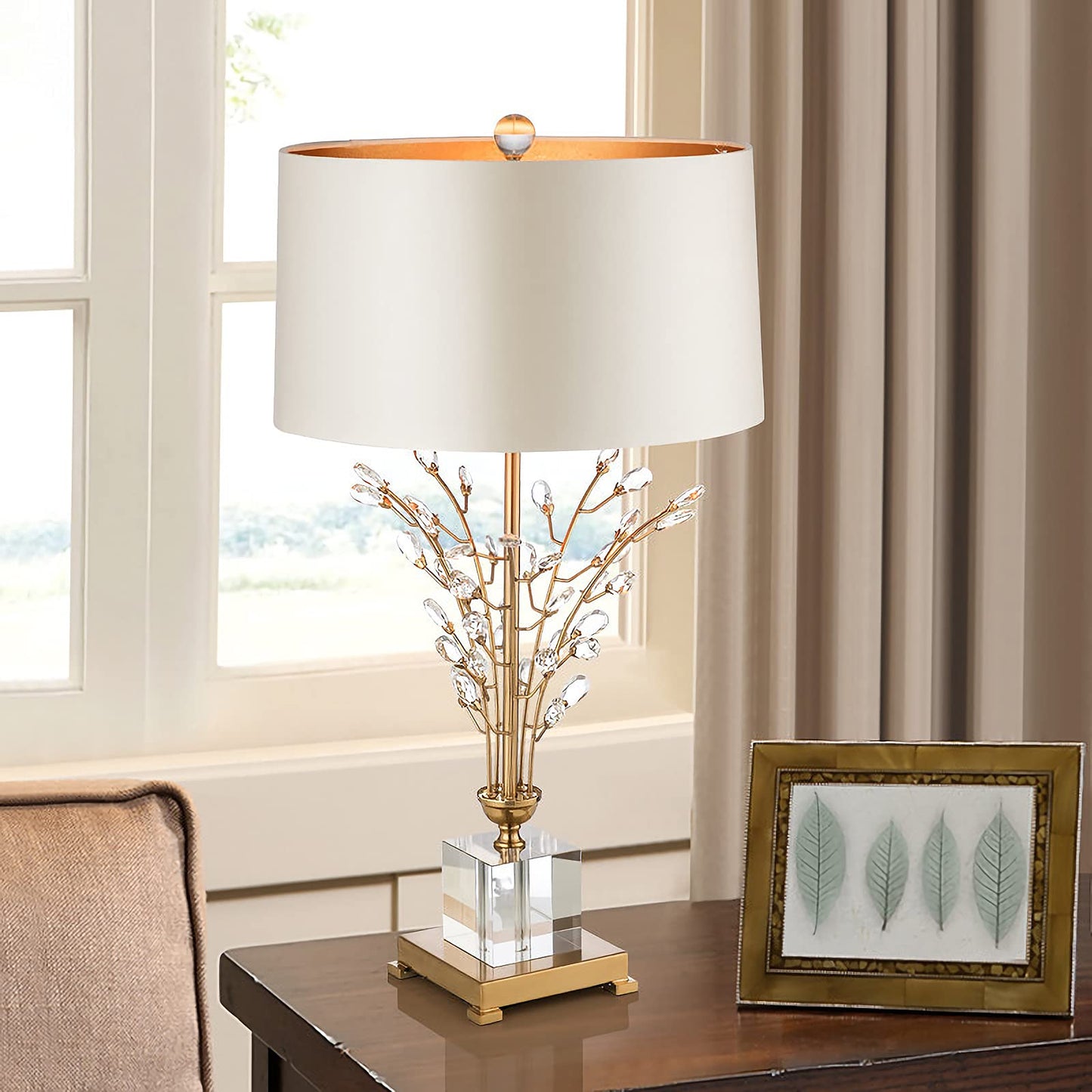 Gold Crystal Table Lamp White Glass Table Lamp with Fabric Lampshade and Crystal Lamp Body Lamp Unique Crystal Table Lamps for Bedroom Living Room Dining Room Bedside