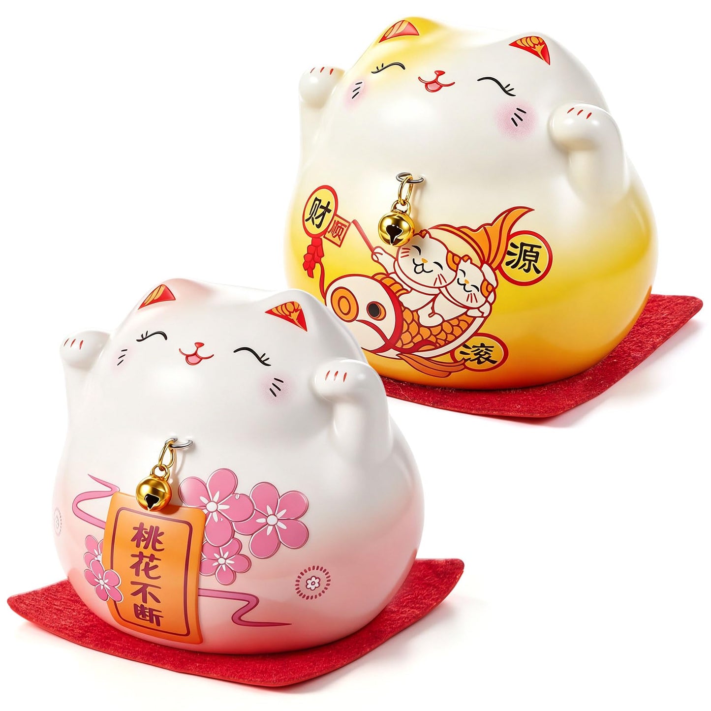 Chunful 2 Pcs Maneki Neko Lucky Cat Figurines, Mini Ceramic Fortune Cats for Wealth & Love, Japanese Feng Shui Decor with Non-Slip Base, Cute Desk Ornament & Gift for Home Office, Car Dashboard