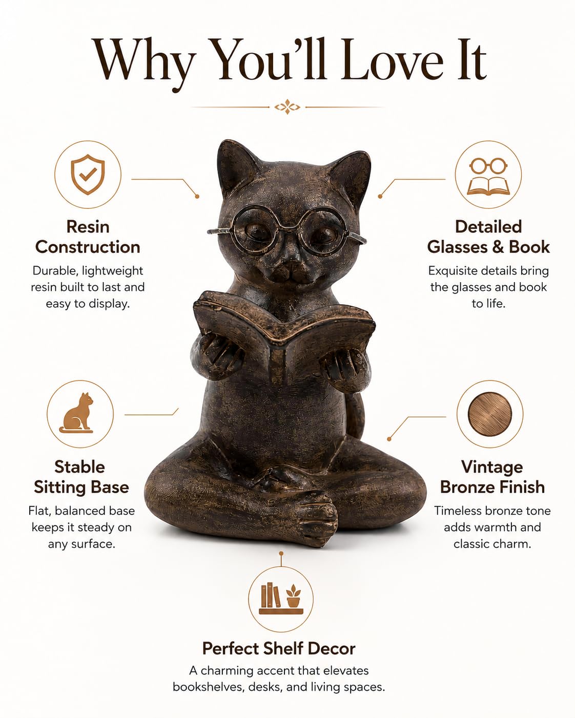 Bronze Cat Figurine Reading Book, Resin Home Décor Accents Statue with Glasses, Cute Tabletop Decor for Bookshelf Desk Office Library, Cat Lovers Gifts for Women Man Teacher Student (Reading Cat)