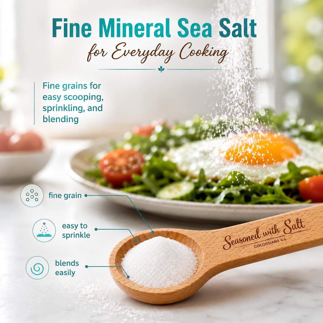 Birdee Culinary Gift Set, Solar-Dried Mineral Rich Fine Grain Sea Salt from Vietnam, 17.6 oz (500g) Pouch with Engraved Hardwood Spoon Bag Sealer Clip, Seasoned with Salt Colossians 4:6