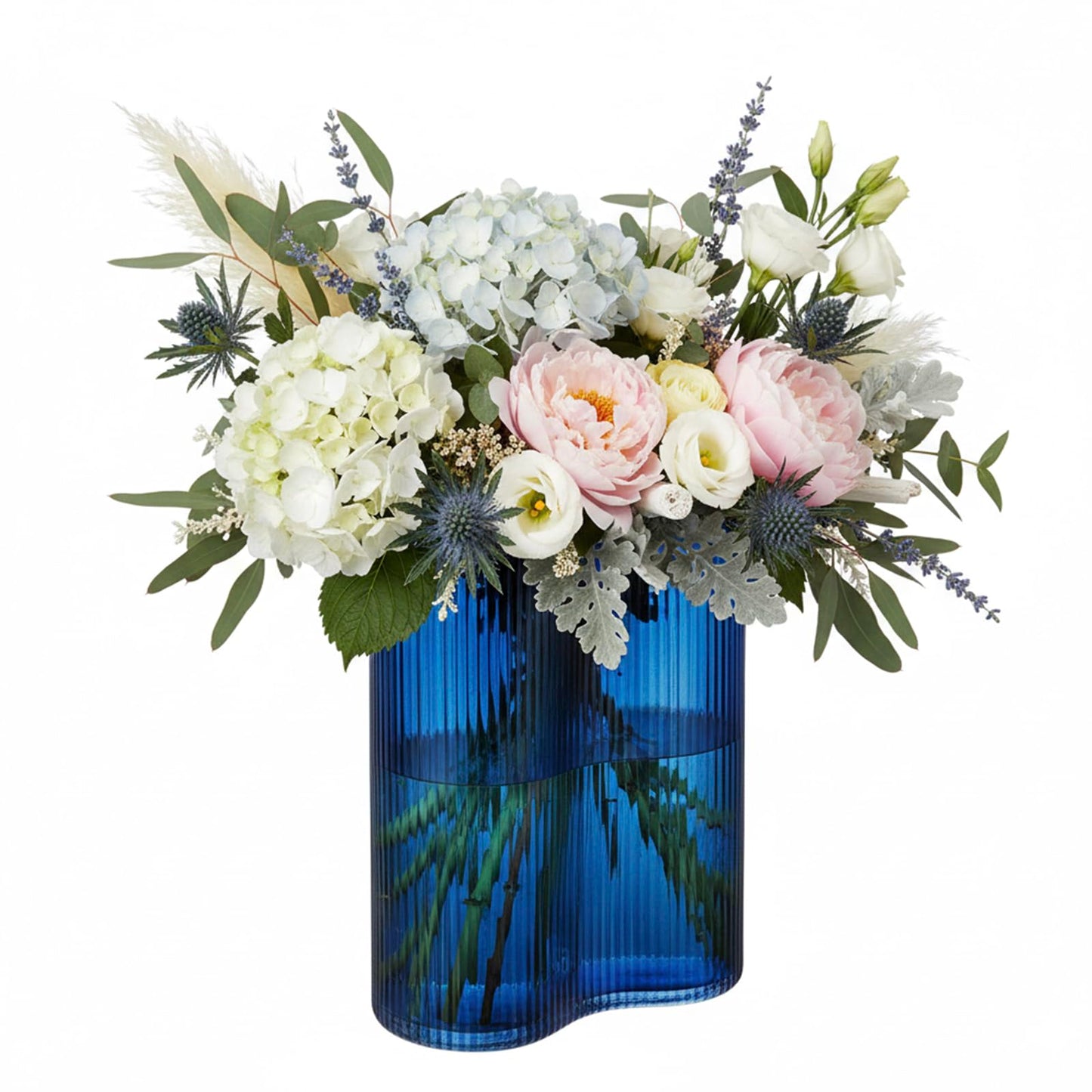 MyGift Blue Glass Flower Vase, Modern Fluted Ocean Blue, Artistic Organic Wavy Design for Floral Arrangements, Tabletop, Shelf & Centerpiece Home Décor
