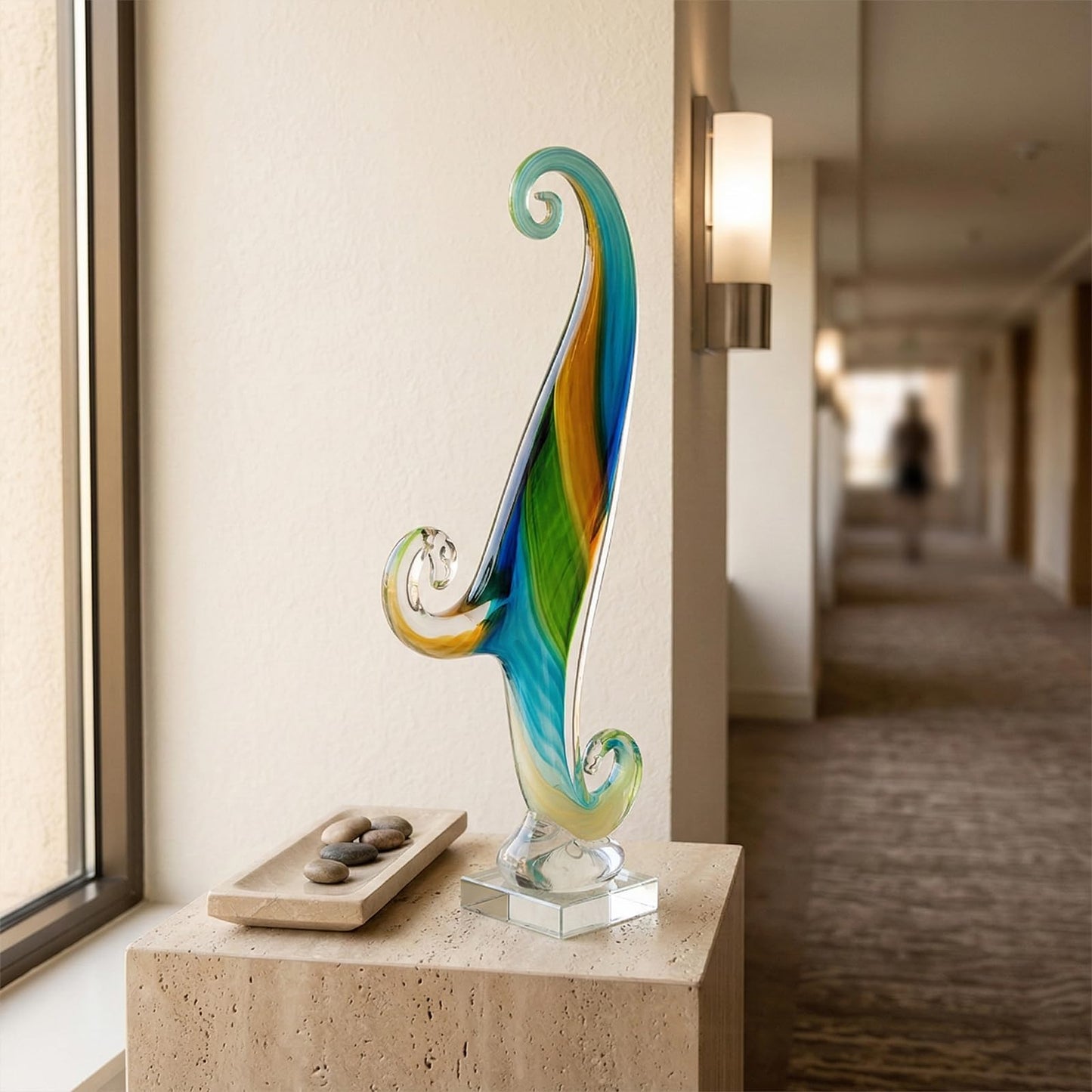 LCCCK 16.9in Tall Glass Wave Sculpture Hand Blown Art Figurine Abstract Twist Statue for Home Decor Living Room Shelf Mantel Tabletop Display Glass Sculptures Decorative Accent Piece