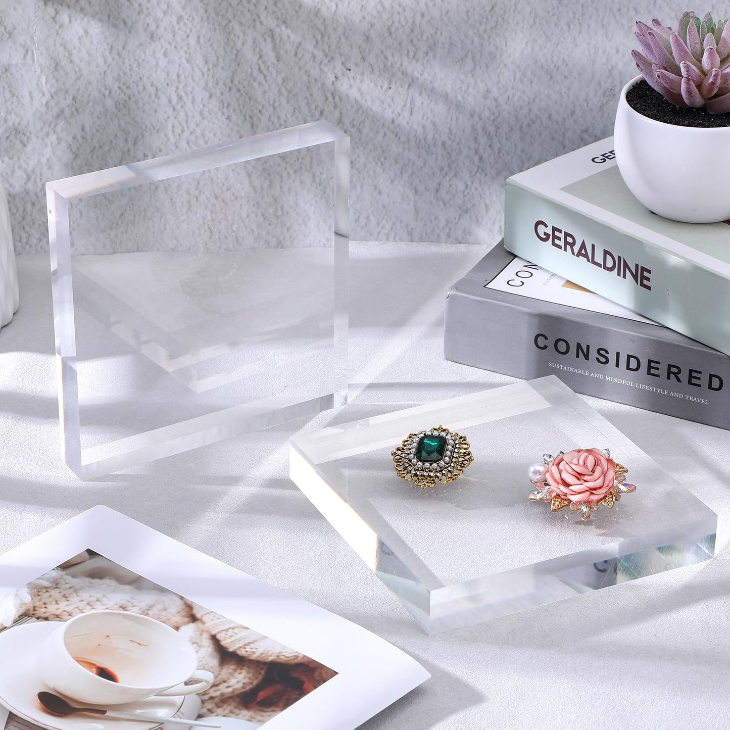 Kegeeei 2 Pack 6 x 6 x 1 Inch Clear Acrylic Display Blocks | Polished Square Cube Riser Stand for Jewelry, Collectibles, Trophy, and Cake Decor