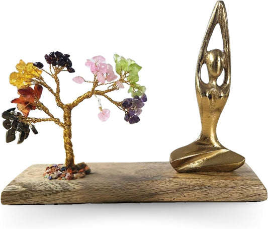 HOME INFINIX Crystal Tree of Life 7 Chakra Healing Crystal Trees with Golden Yoga Figurine & Natural Wooden Base Handmade Gemstone Bonsai Feng Shui for Positive Energy, Meditation & Home Décor Gifts